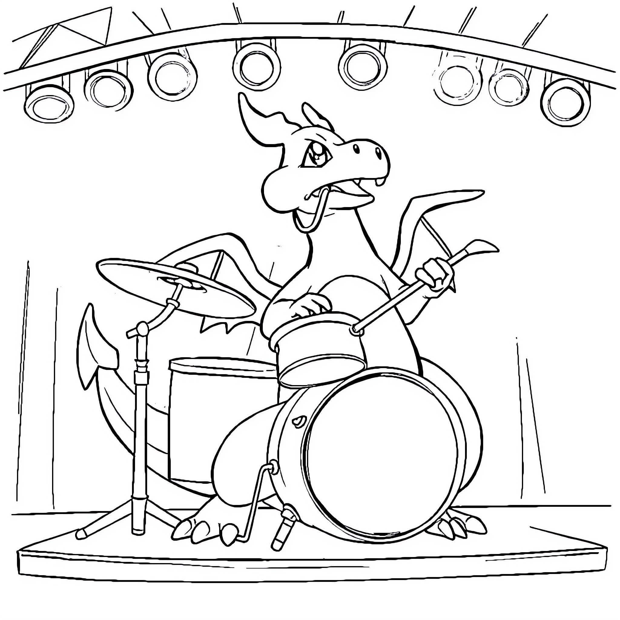 Charizard Rocking Out on Drums Coloring Page (free black-and-white line drawing printable PDF for all, from beginners to advanced learners, including children, teens, adults, and seniors)