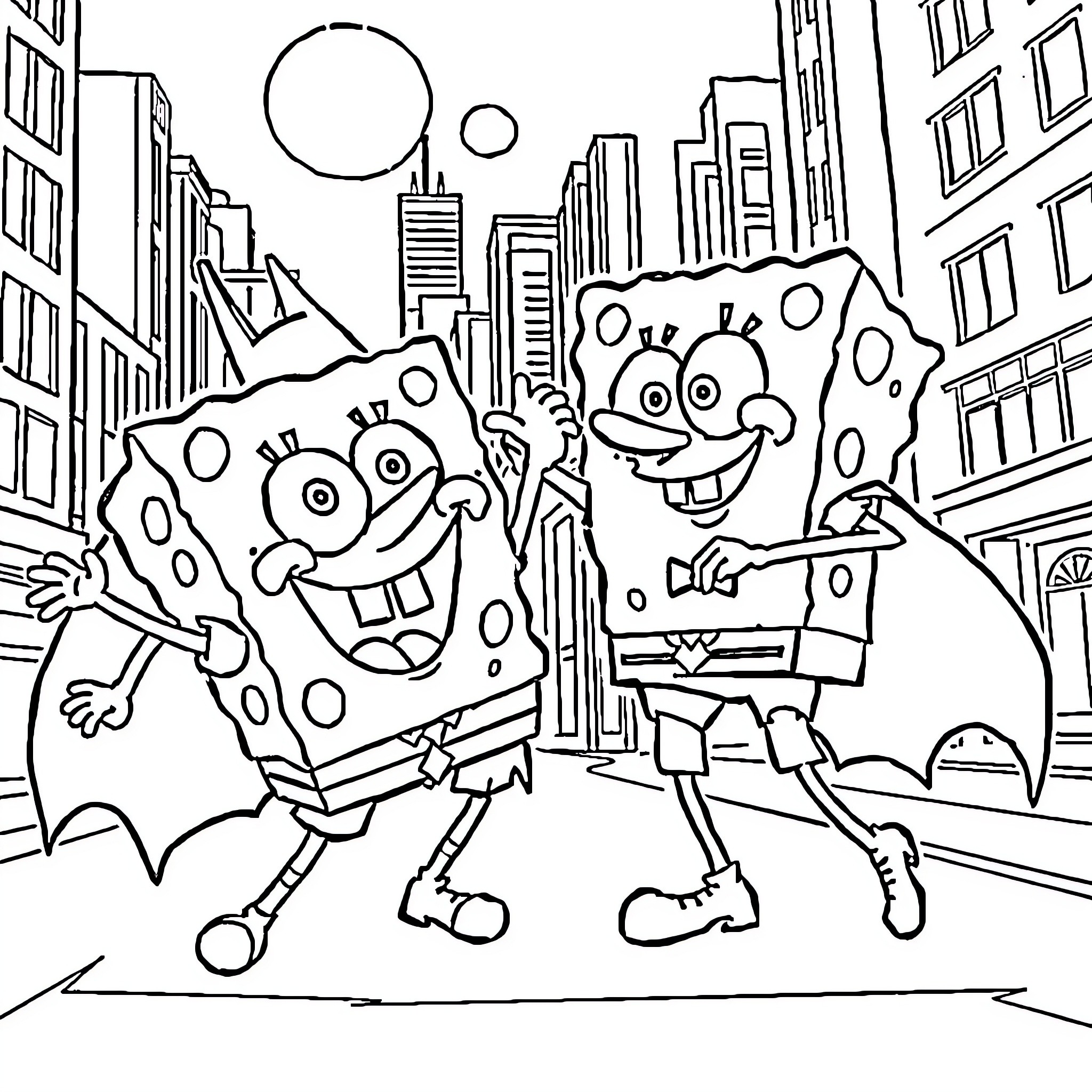 Spongebob and Patrick's crazy adventure in the city Coloring Page (free black-and-white line drawing printable PDF for all, from beginners to advanced learners, including children, teens, adults, and seniors)