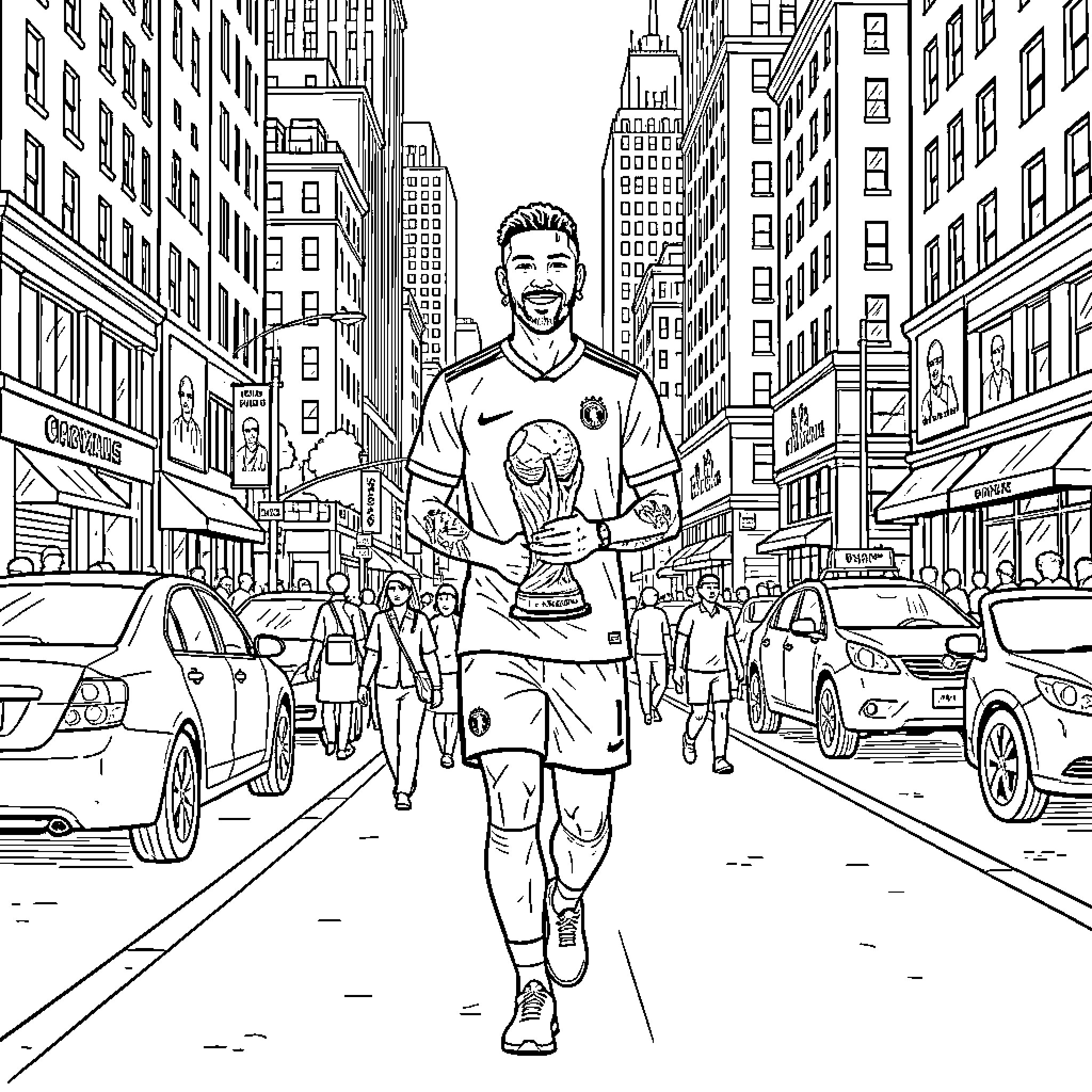 Neymar smiling while holding a trophy on a city street Coloring Page (free black-and-white line drawing printable PDF for all, from beginners to advanced learners, including children, teens, adults, and seniors)
