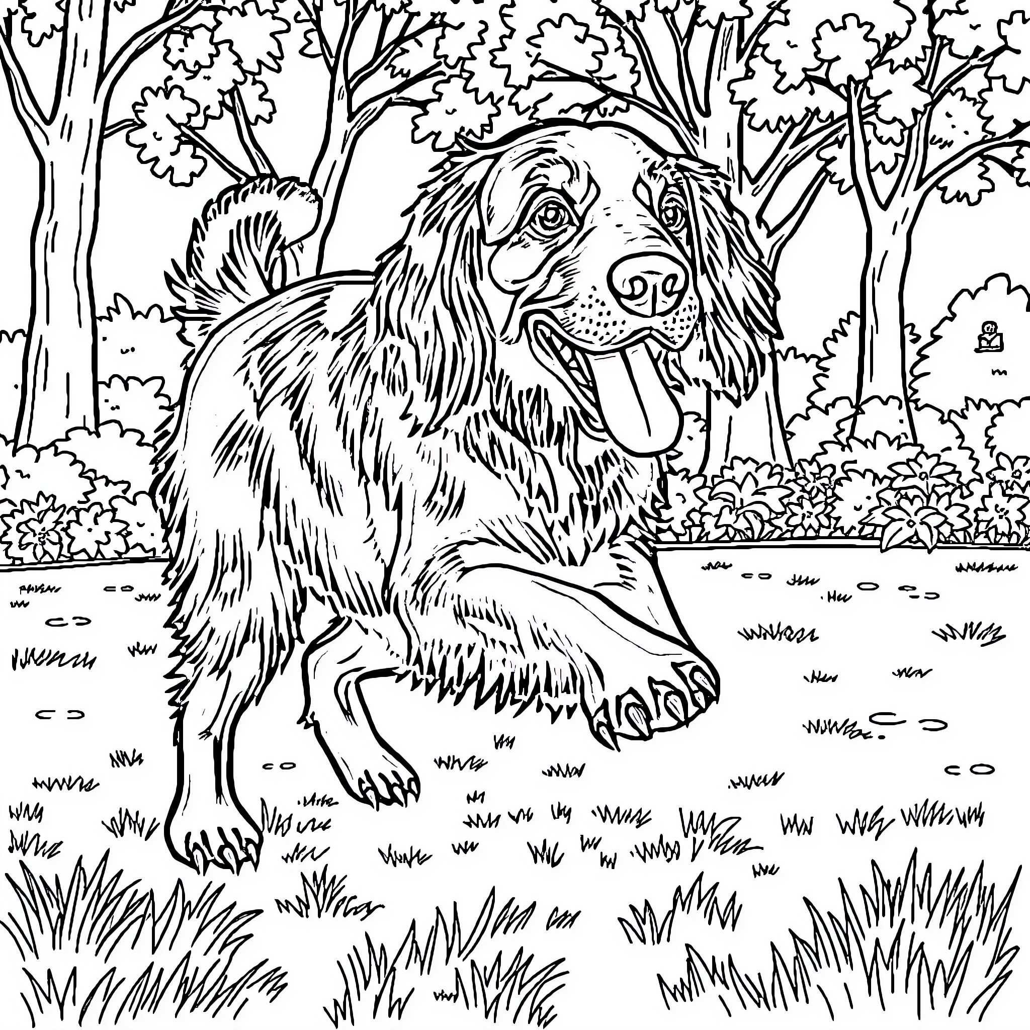 Flat Coated Retriever exploring the forest Coloring Page (free black-and-white line drawing printable PDF for all, from beginners to advanced learners, including children, teens, adults, and seniors)