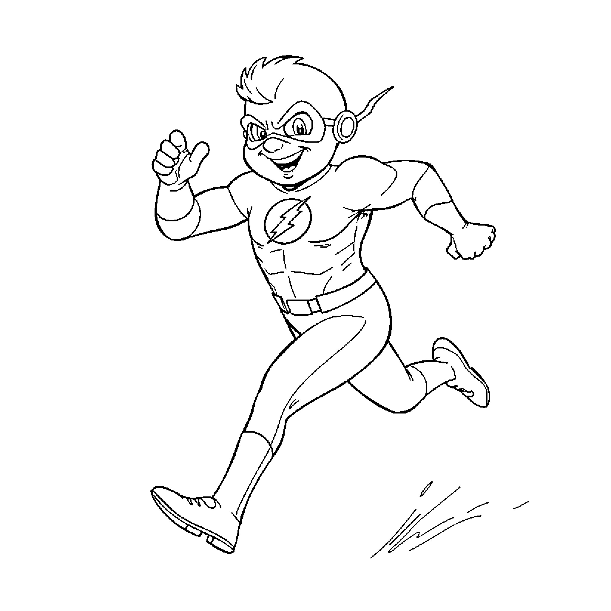 Flash speeding forward in heroic pose Coloring Page (free black-and-white line drawing printable PDF for all, from beginners to advanced learners, including children, teens, adults, and seniors)