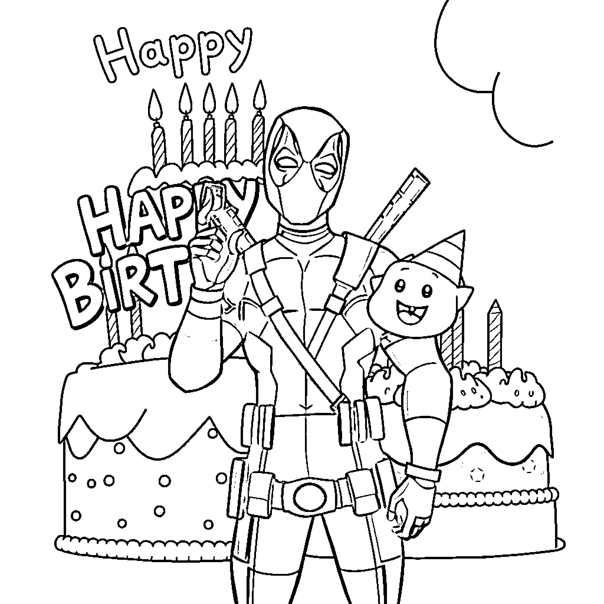 Deadpool's Humorous Birthday Celebration Coloring Page (free black-and-white line drawing printable PDF for all, from beginners to advanced learners, including children, teens, adults, and seniors)