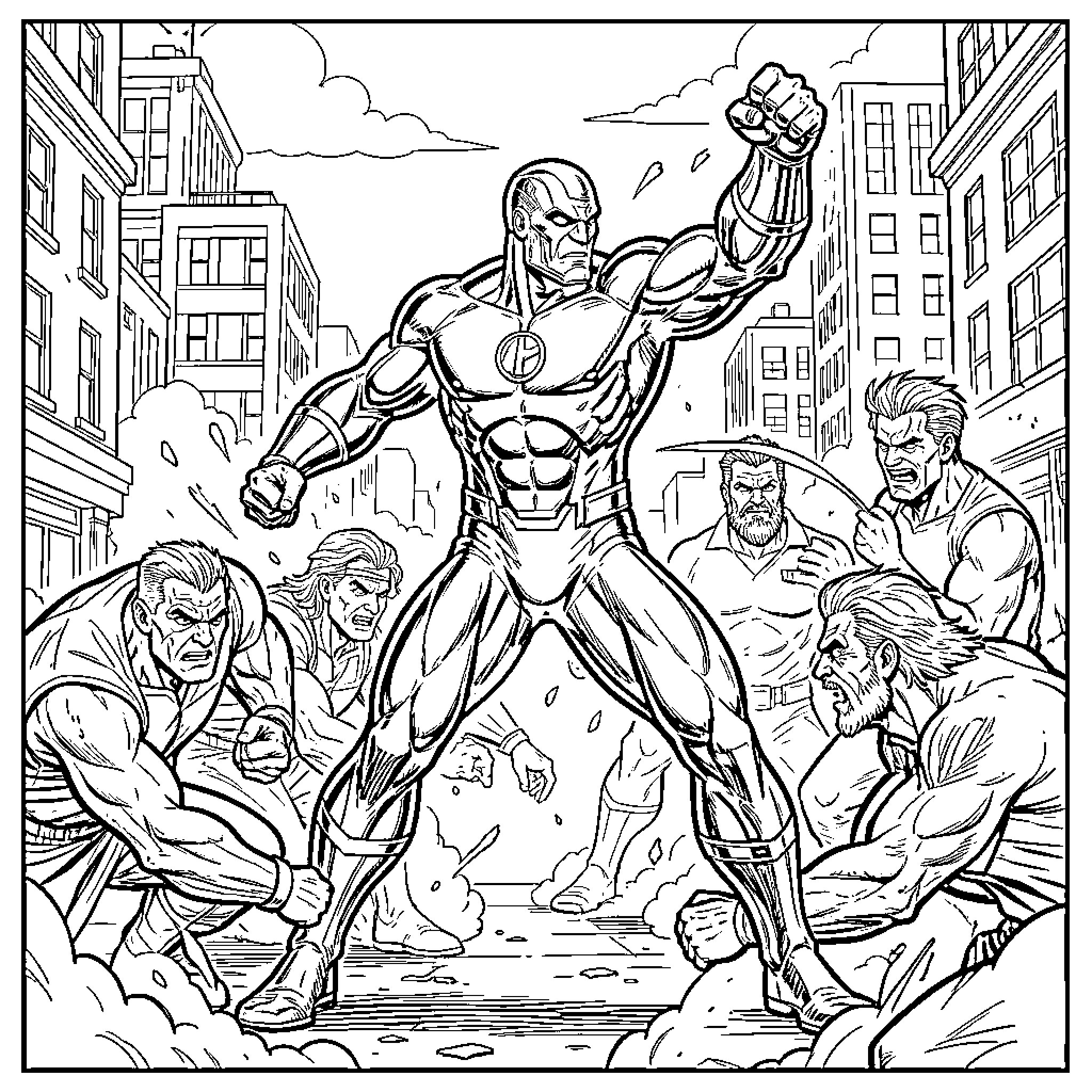 Ironman heroically battles against villains in the city Coloring Page (free black-and-white line drawing printable PDF for all, from beginners to advanced learners, including children, teens, adults, and seniors)