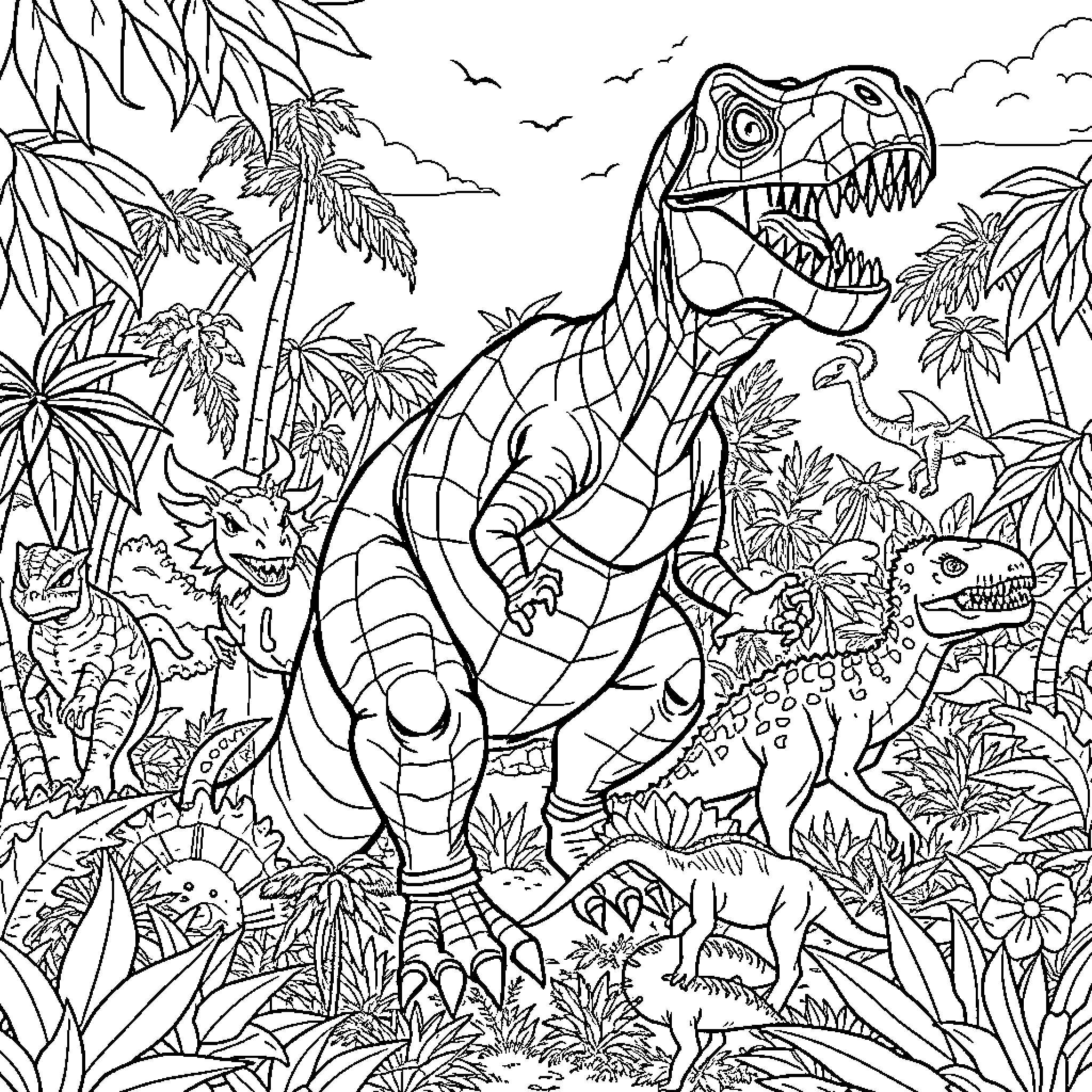 T-Rex roaming the prehistoric jungle landscape Coloring Page (free black-and-white line drawing printable PDF for all, from beginners to advanced learners, including children, teens, adults, and seniors)