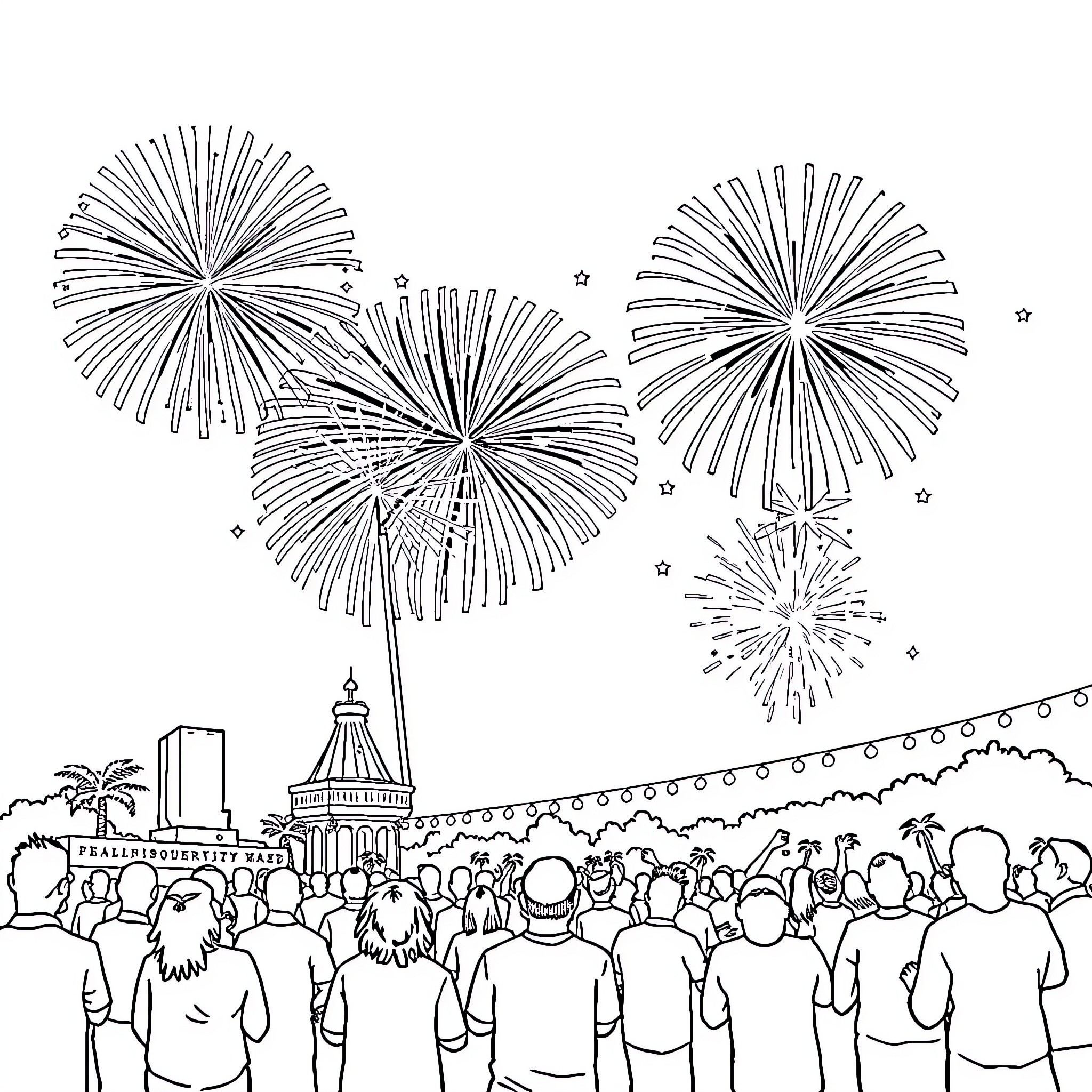 4th Of July fireworks celebration with crowd watching Coloring Page (free black-and-white line drawing printable PDF for all, from beginners to advanced learners, including children, teens, adults, and seniors)