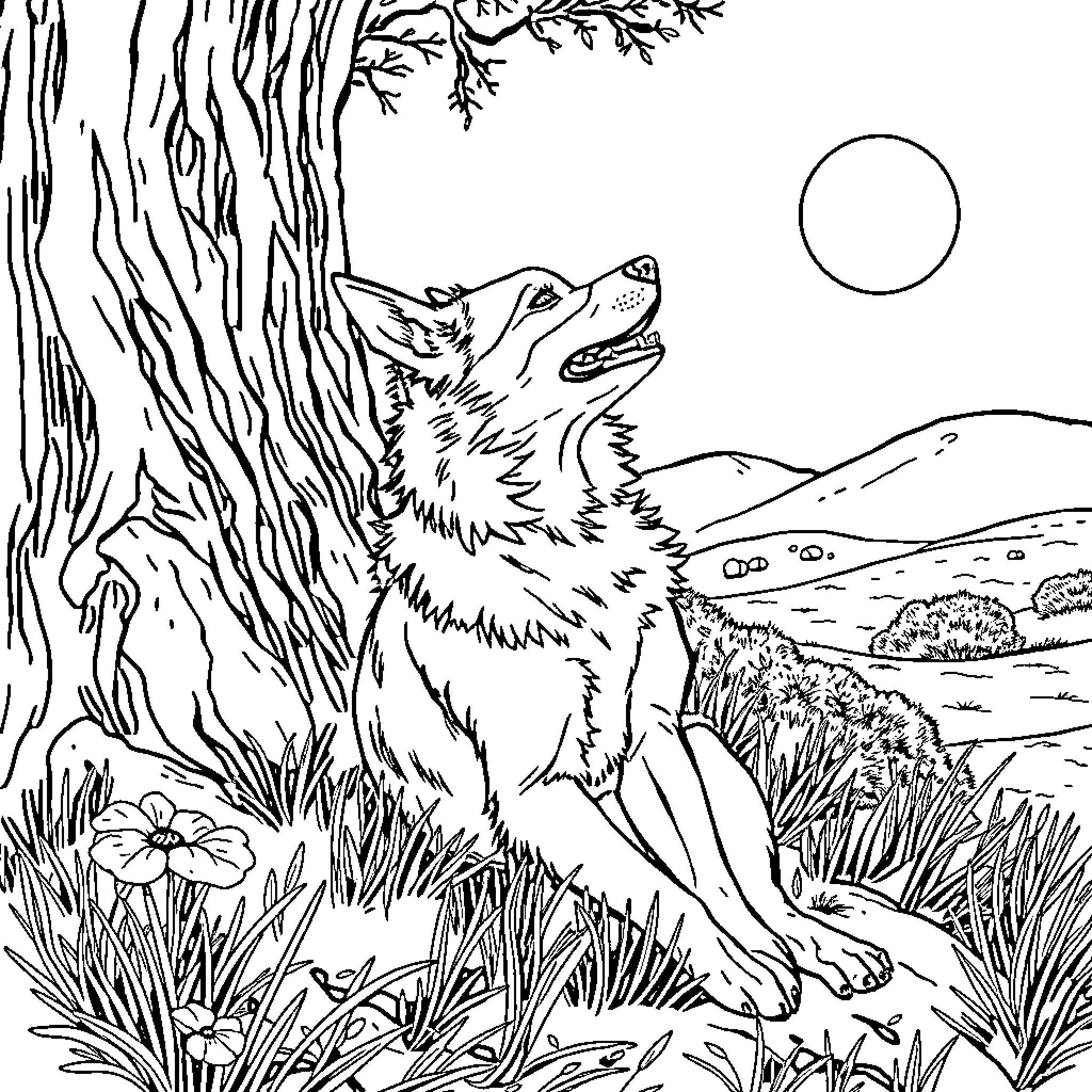 Perro howling at the moon in the forest Coloring Page (free black-and-white line drawing printable PDF for all, from beginners to advanced learners, including children, teens, adults, and seniors)