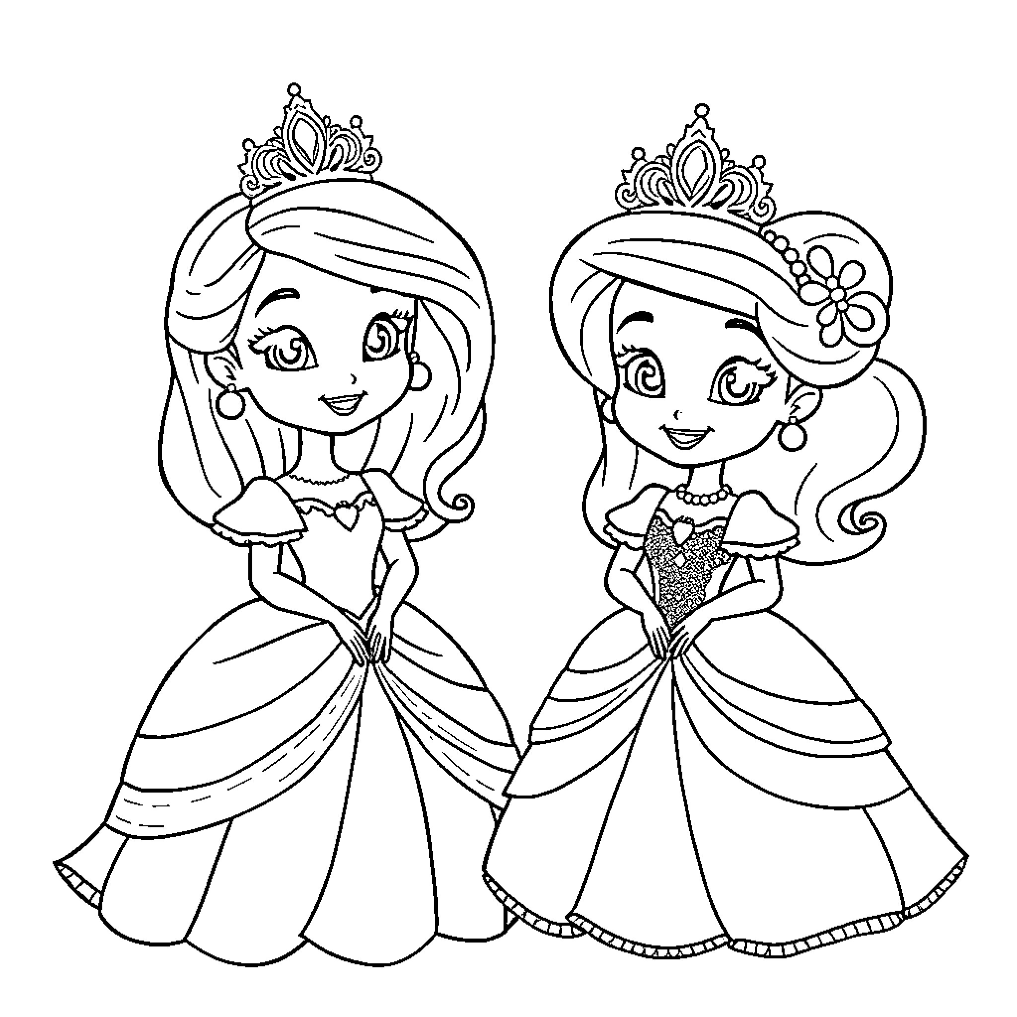 Bluey Sisters Dressed As Princesses Coloring Page (free black-and-white line drawing printable PDF for all, from beginners to advanced learners, including children, teens, adults, and seniors)
