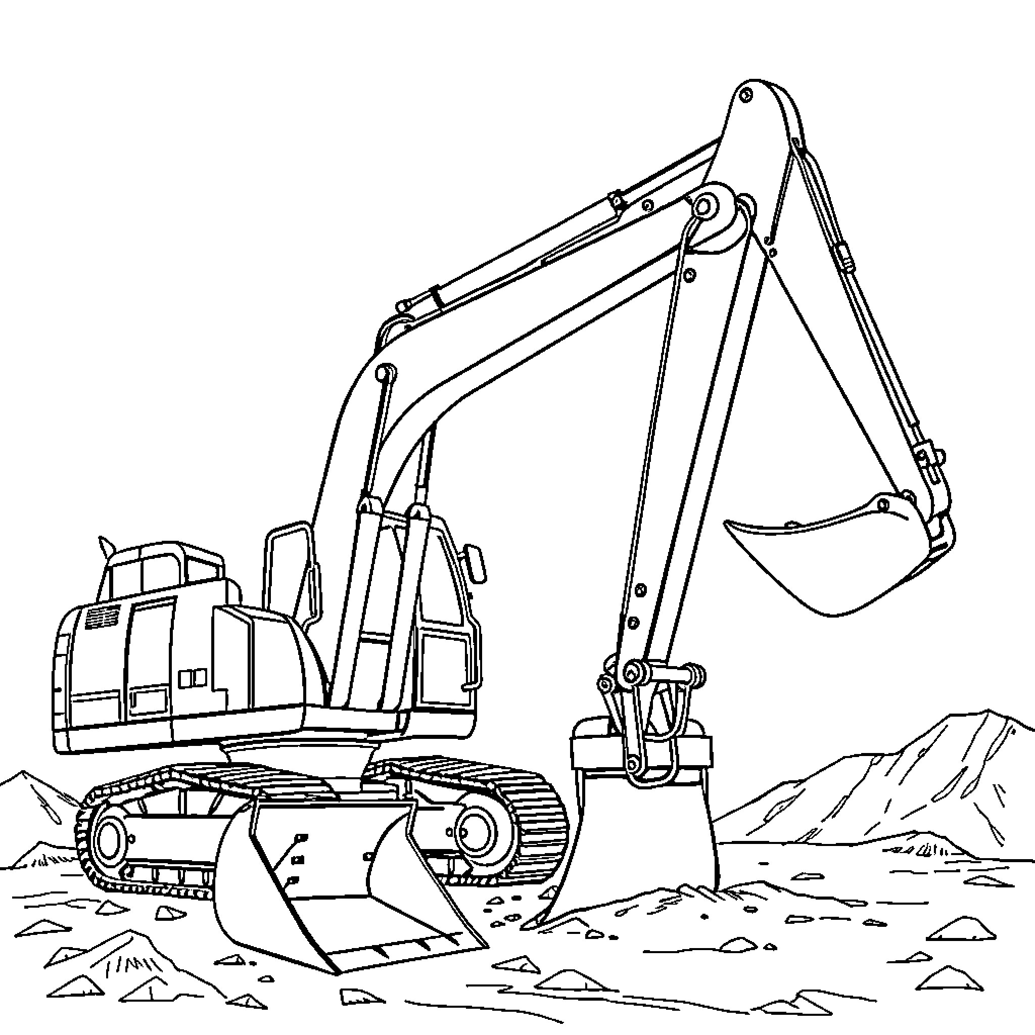 Excavator operating on rugged terrain Coloring Page (free black-and-white line drawing printable PDF for all, from beginners to advanced learners, including children, teens, adults, and seniors)