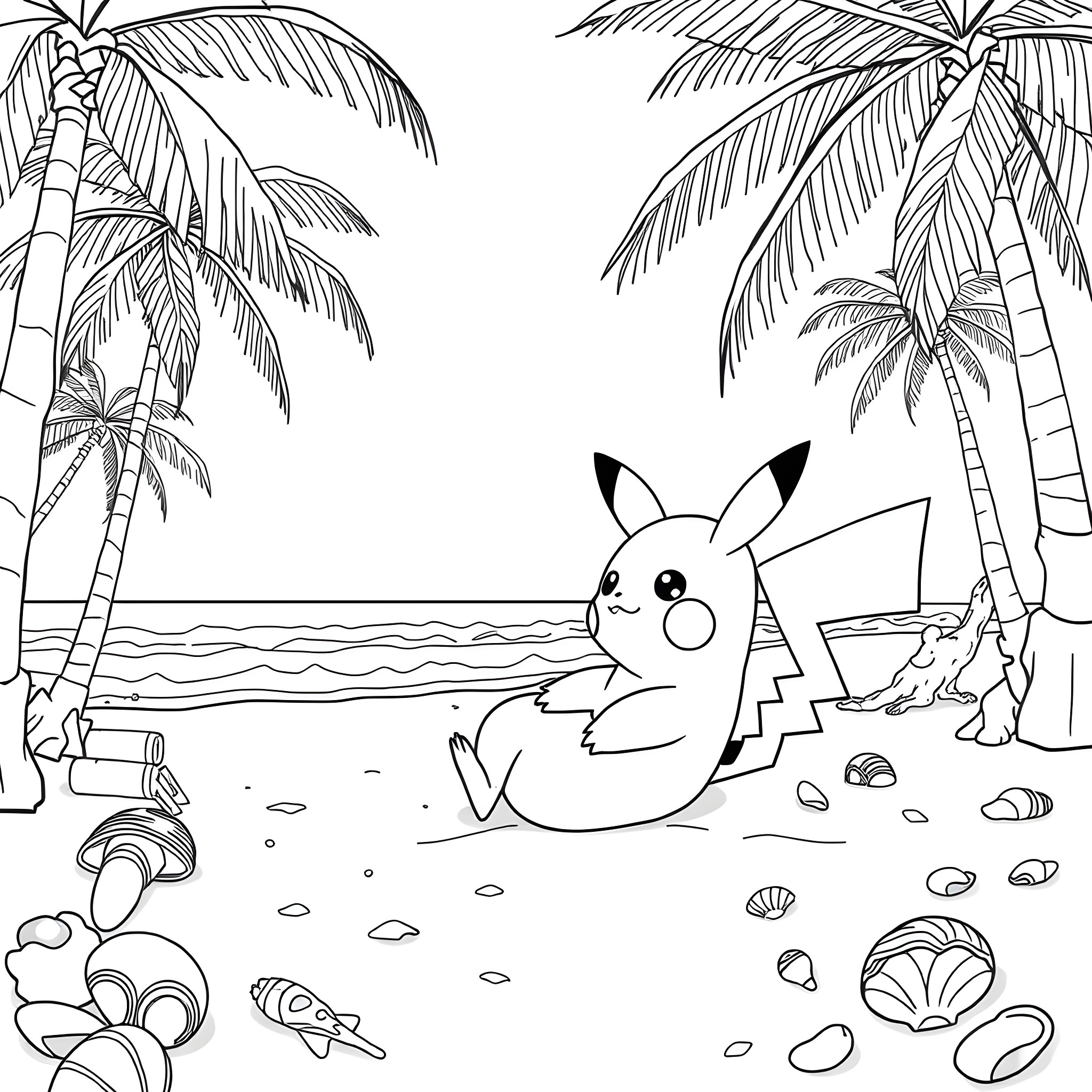 Pikachu relaxing on the beach with palm trees Coloring Page (free black-and-white line drawing printable PDF for all, from beginners to advanced learners, including children, teens, adults, and seniors)