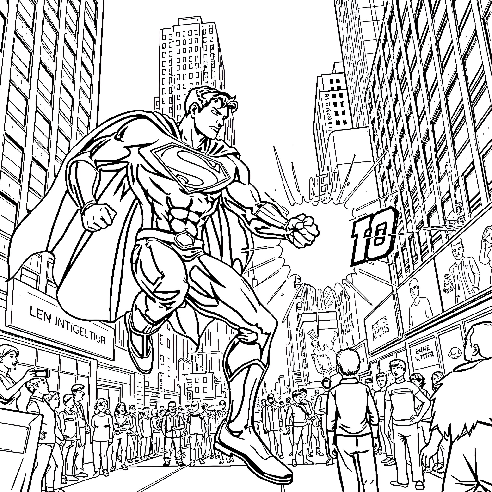 Superman flying over the bustling city streets Coloring Page (free black-and-white line drawing printable PDF for all, from beginners to advanced learners, including children, teens, adults, and seniors)