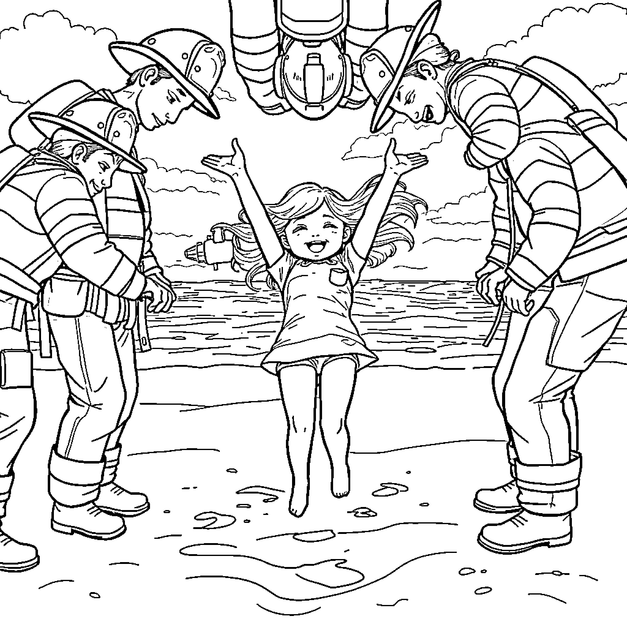 Girl having fun with firefighters in the park Coloring Page (free black-and-white line drawing printable PDF for all, from beginners to advanced learners, including children, teens, adults, and seniors)