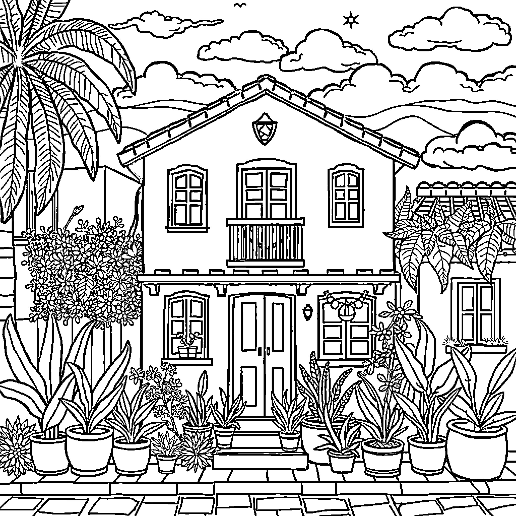 Mexico scene with a cozy house and lush greenery Coloring Page (free black-and-white line drawing printable PDF for all, from beginners to advanced learners, including children, teens, adults, and seniors)
