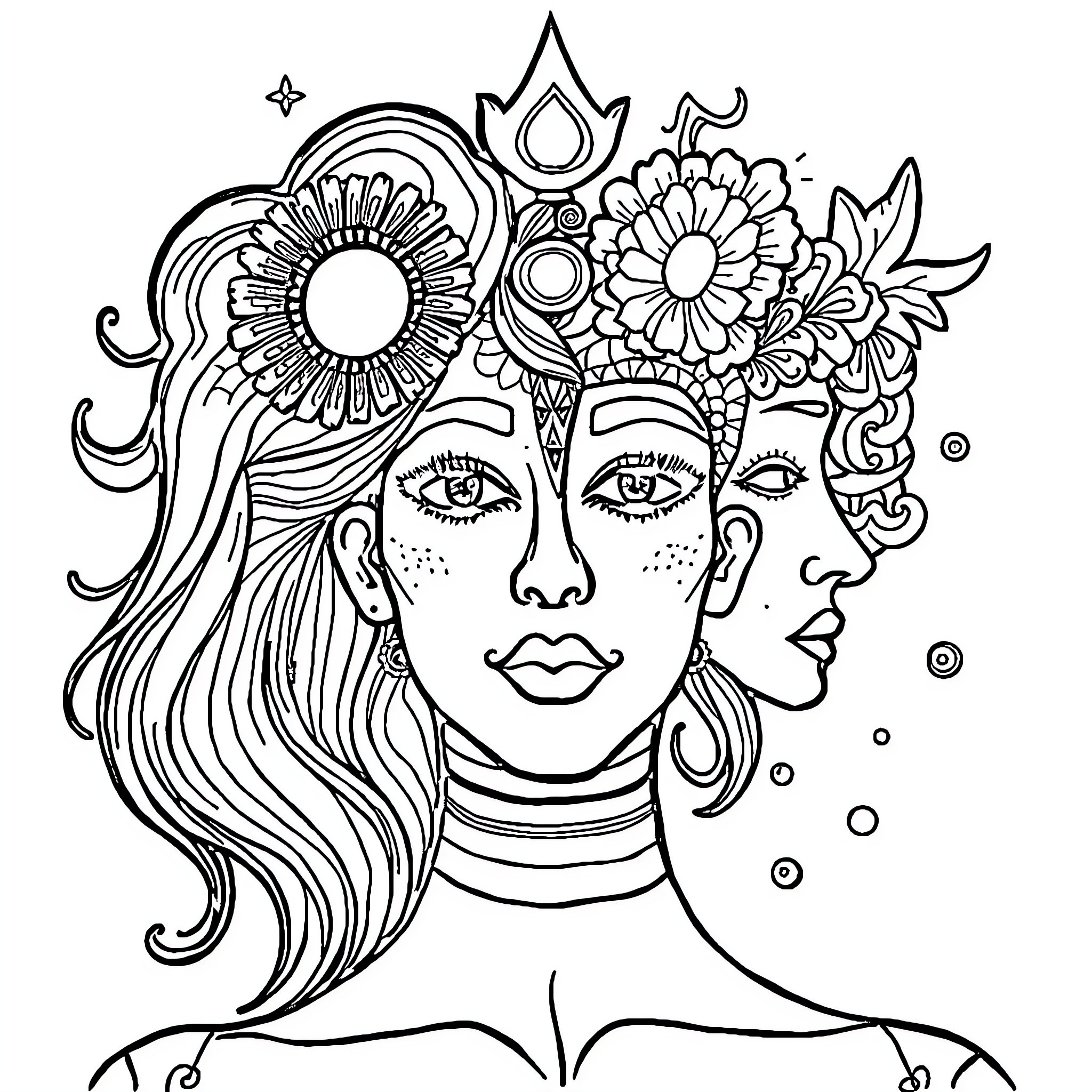 Self-Expression through Floral Headpiece Coloring Page (free black-and-white line drawing printable PDF for all, from beginners to advanced learners, including children, teens, adults, and seniors)