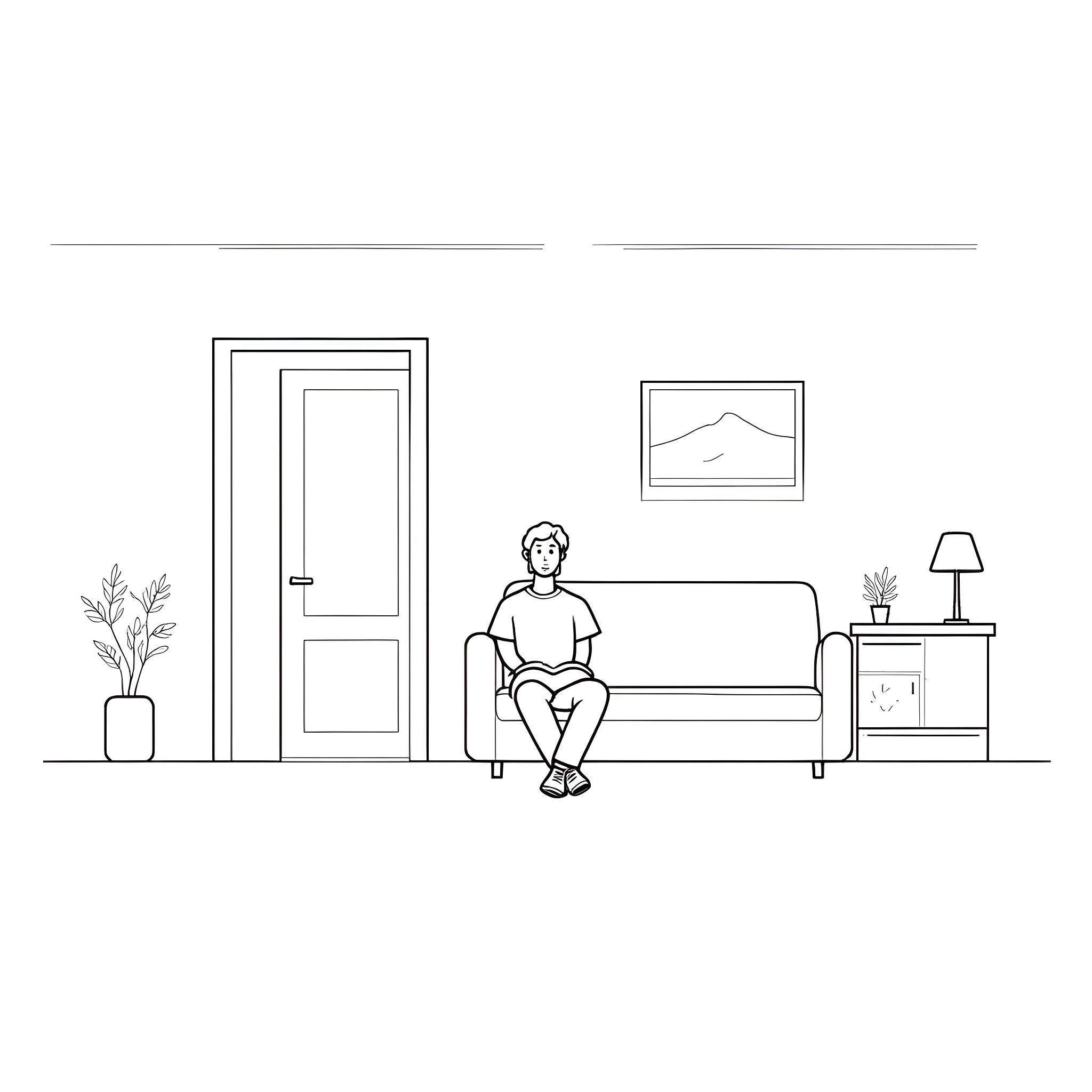 Patient sitting comfortably in living room Coloring Page (free black-and-white line drawing printable PDF for all, from beginners to advanced learners, including children, teens, adults, and seniors)