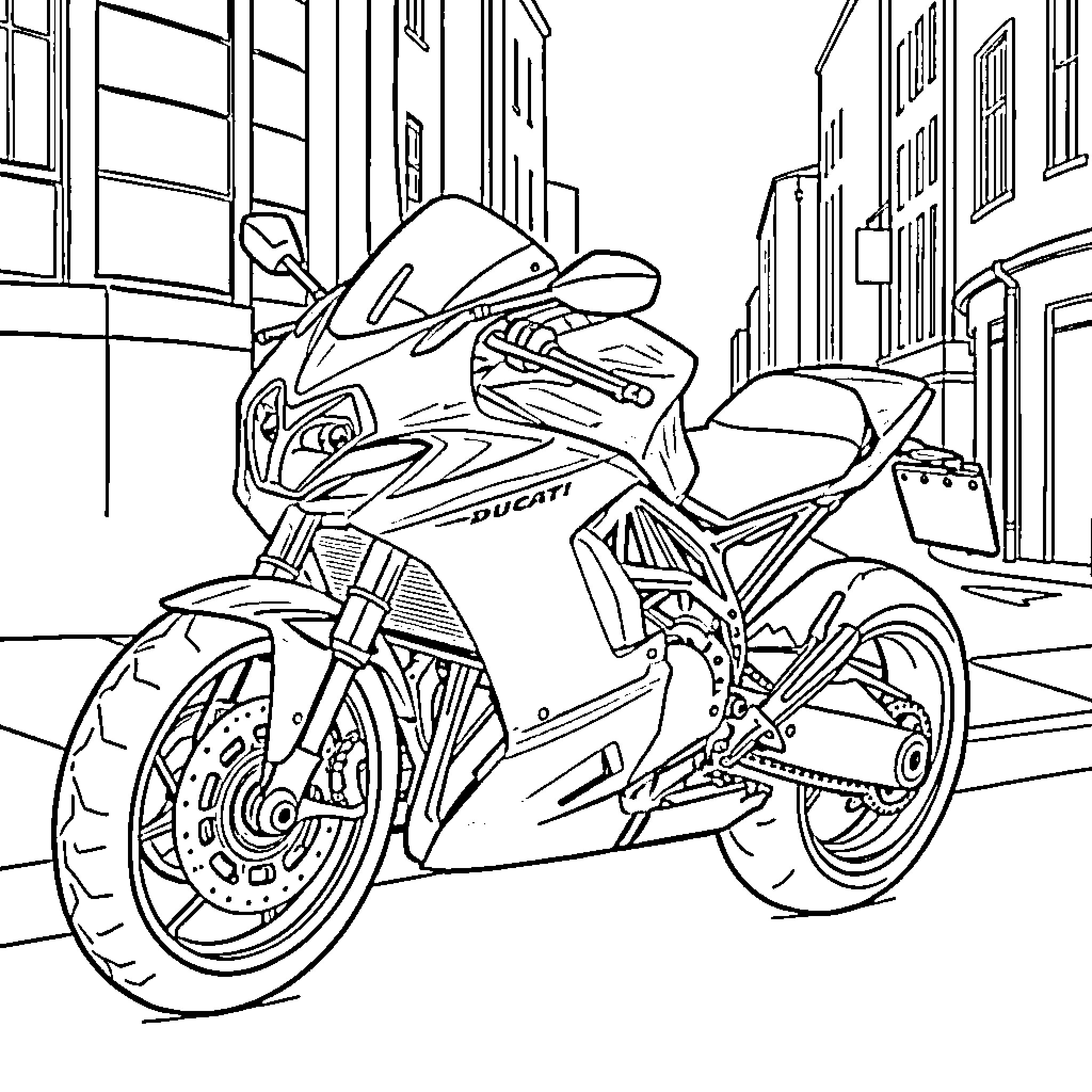 Ducati motorcycle on the city street Coloring Page (free black-and-white line drawing printable PDF for all, from beginners to advanced learners, including children, teens, adults, and seniors)