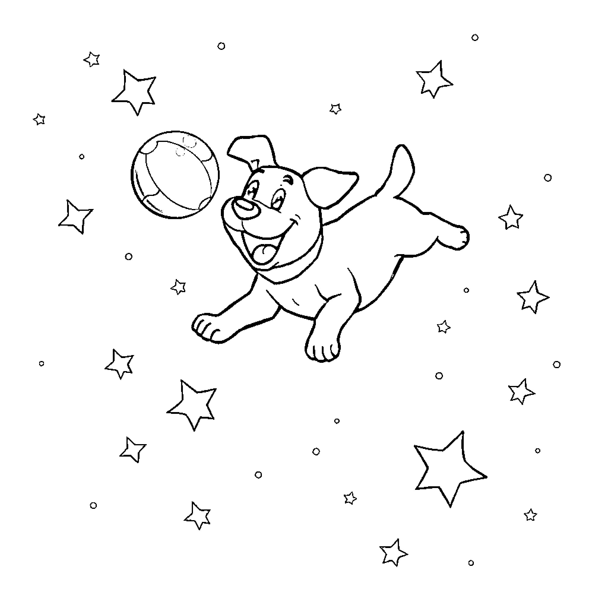 Dog playing with ball and stars Coloring Page (free black-and-white line drawing printable PDF for all, from beginners to advanced learners, including children, teens, adults, and seniors)