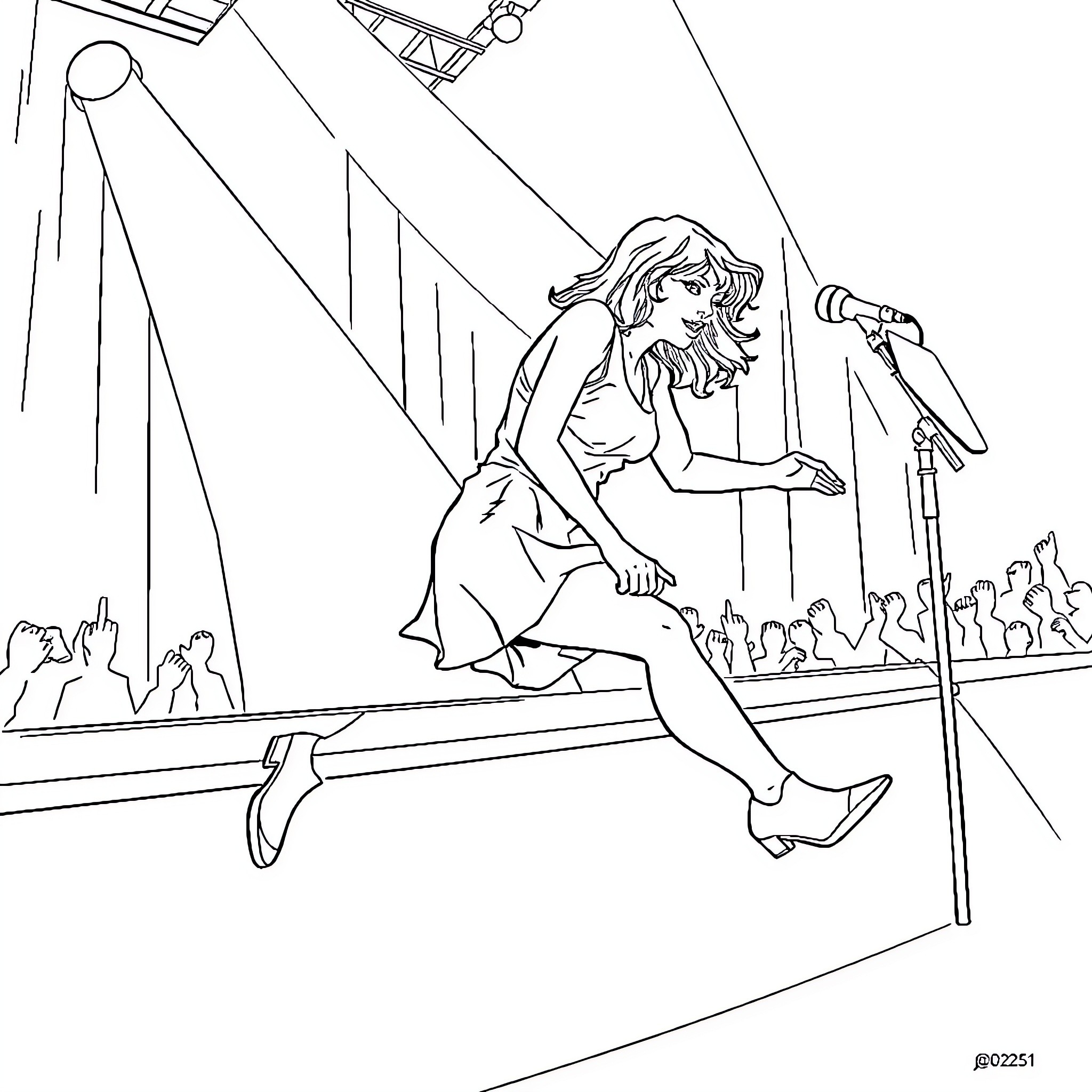 Taylor Swift performing energetically on stage Coloring Page (free black-and-white line drawing printable PDF for all, from beginners to advanced learners, including children, teens, adults, and seniors)