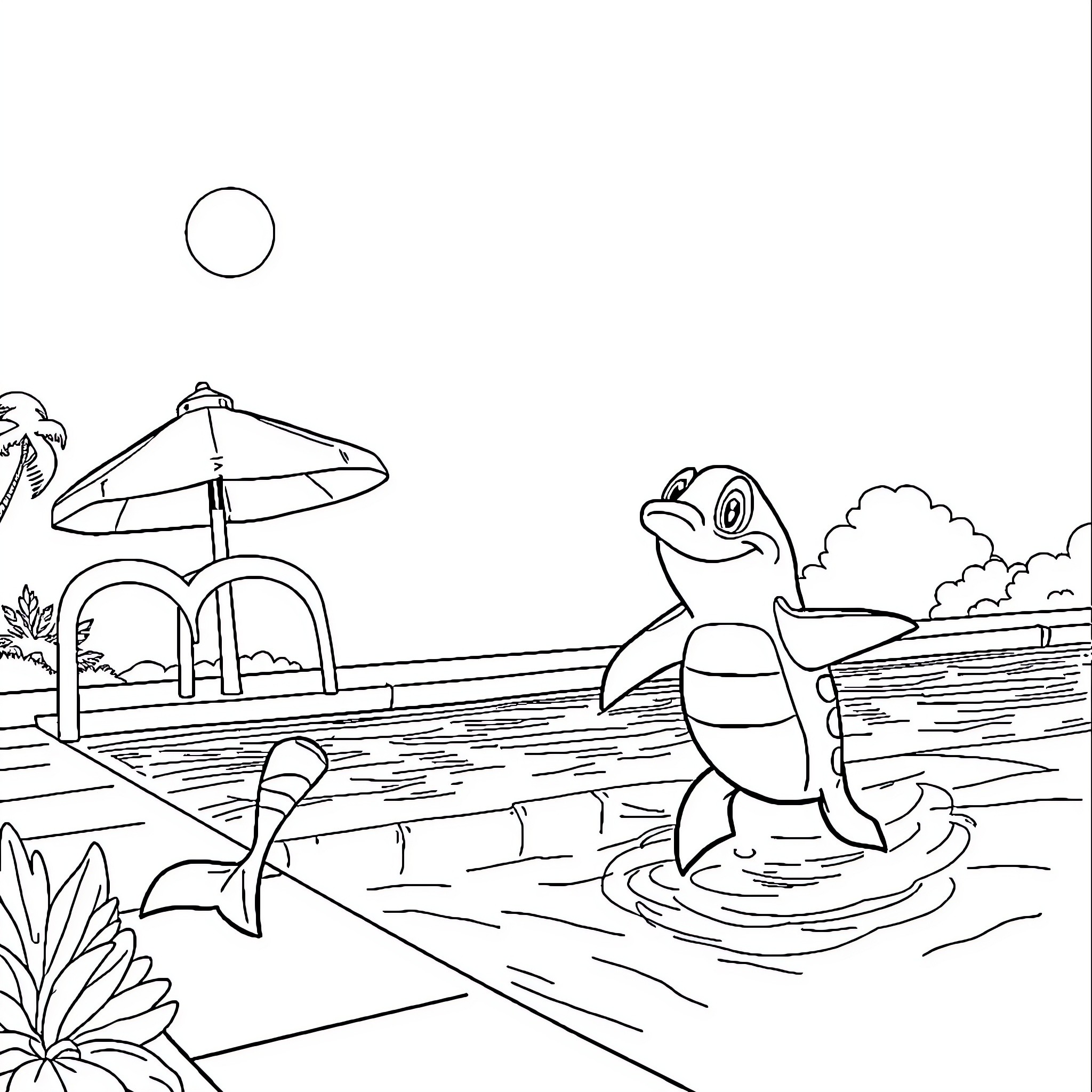 Paw Patrol characters enjoying a day at the beach Coloring Page (free black-and-white line drawing printable PDF for all, from beginners to advanced learners, including children, teens, adults, and seniors)