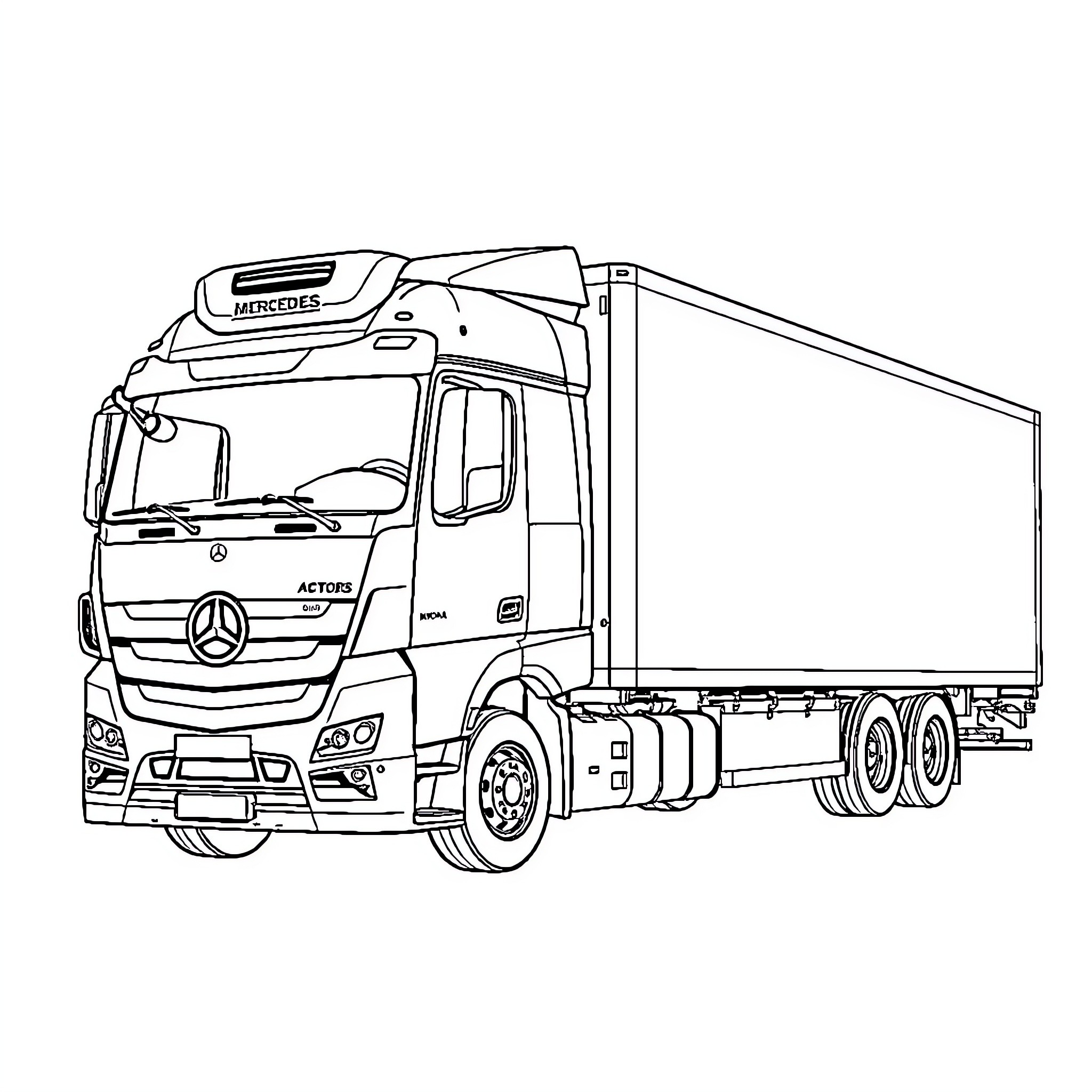 Mercedes Actros truck transporting goods Coloring Page (free black-and-white line drawing printable PDF for all, from beginners to advanced learners, including children, teens, adults, and seniors)