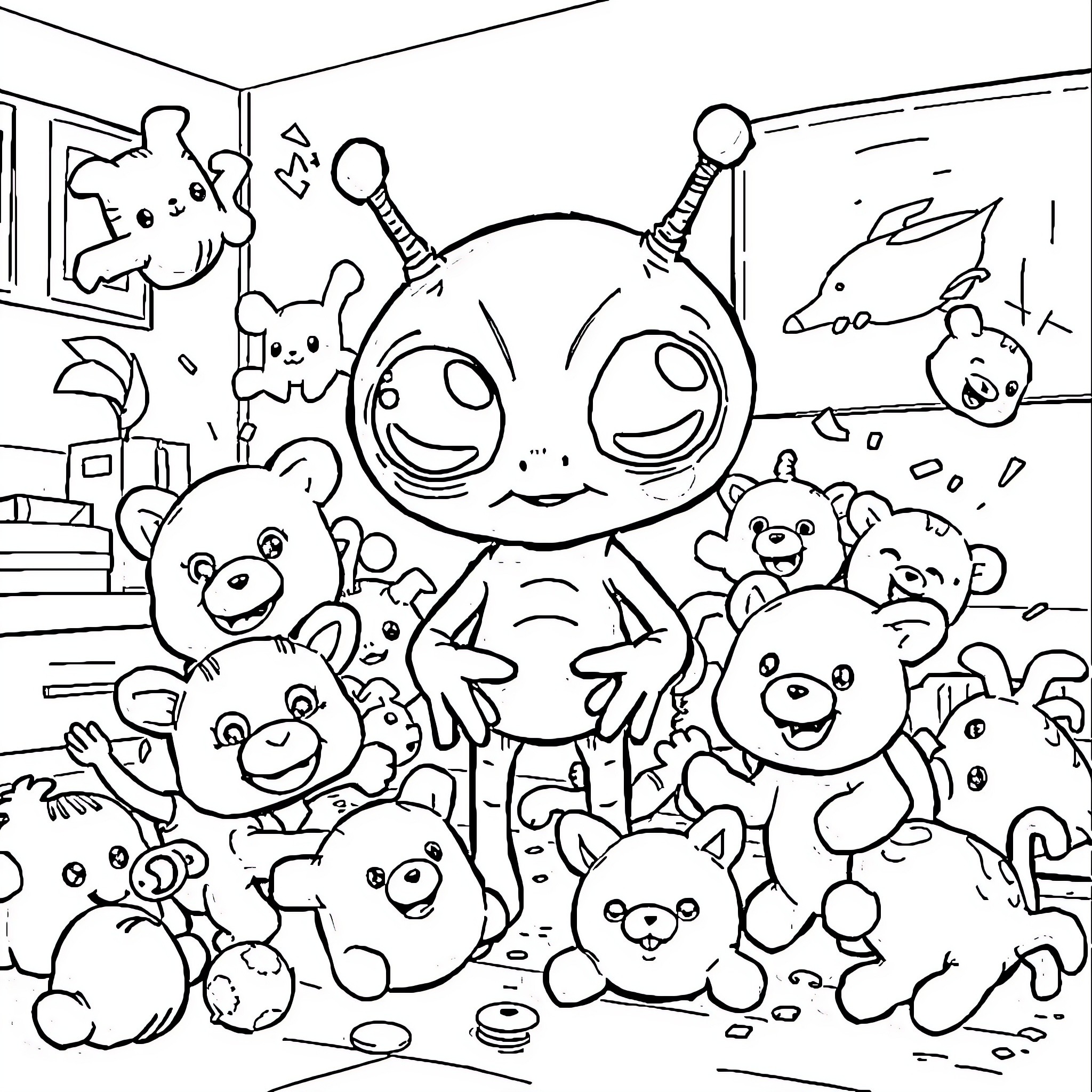 Ikke Plush Toys Gather for Playful Celebration Coloring Page (free black-and-white line drawing printable PDF for all, from beginners to advanced learners, including children, teens, adults, and seniors)