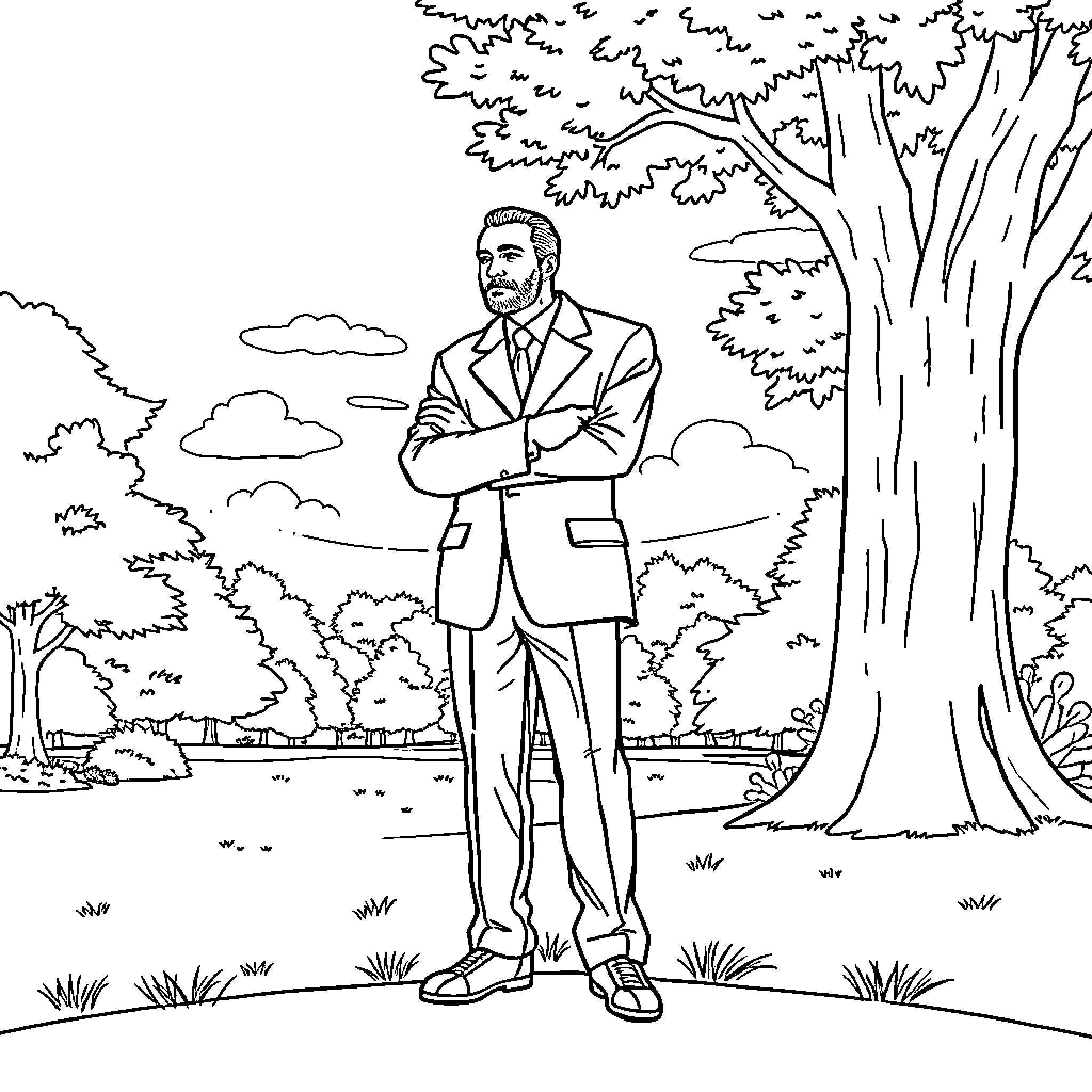 Forest Gump Contemplating in the Peaceful Outdoors Coloring Page (free black-and-white line drawing printable PDF for all, from beginners to advanced learners, including children, teens, adults, and seniors)