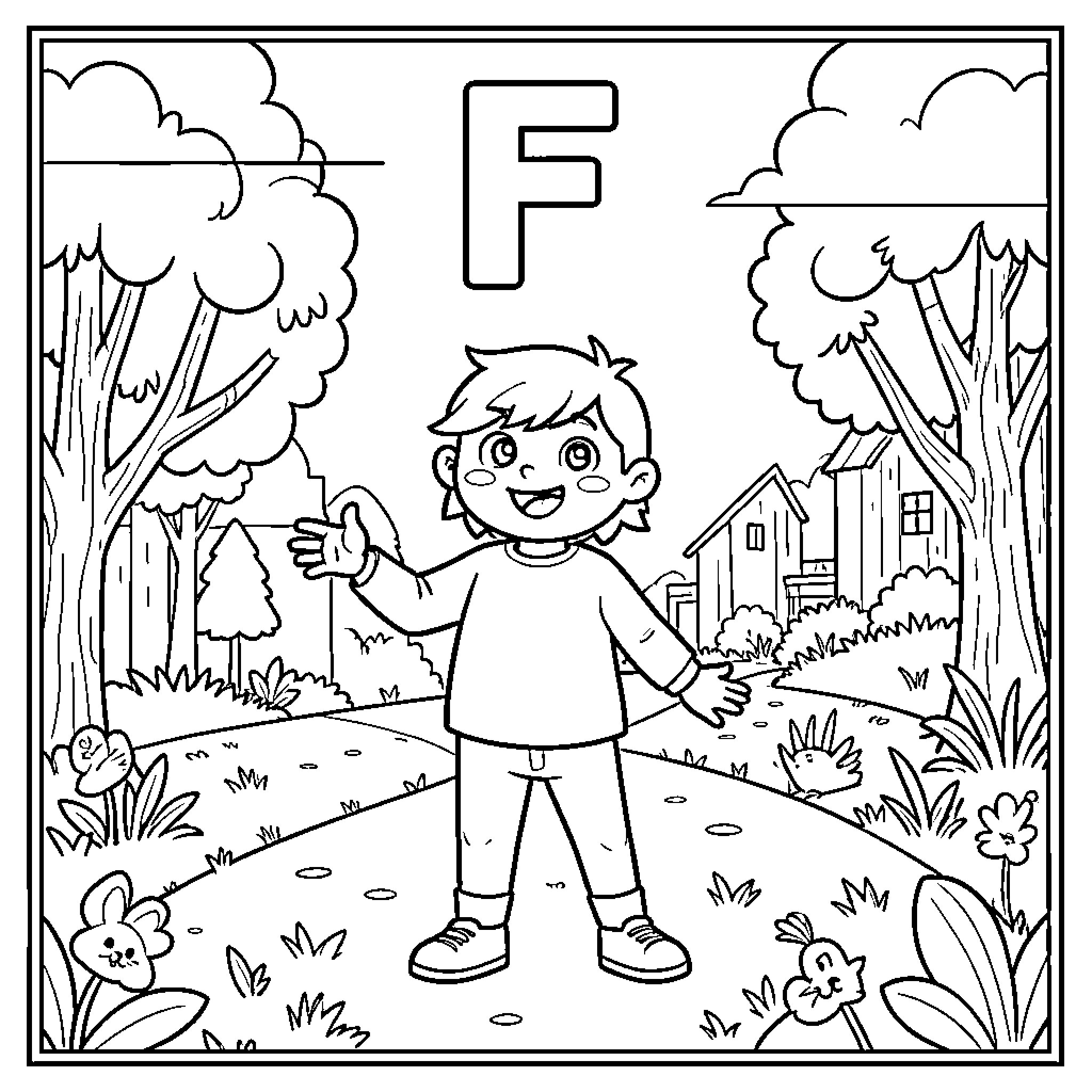 Friendly boy standing joyfully in a park landscape Coloring Page (free black-and-white line drawing printable PDF for all, from beginners to advanced learners, including children, teens, adults, and seniors)
