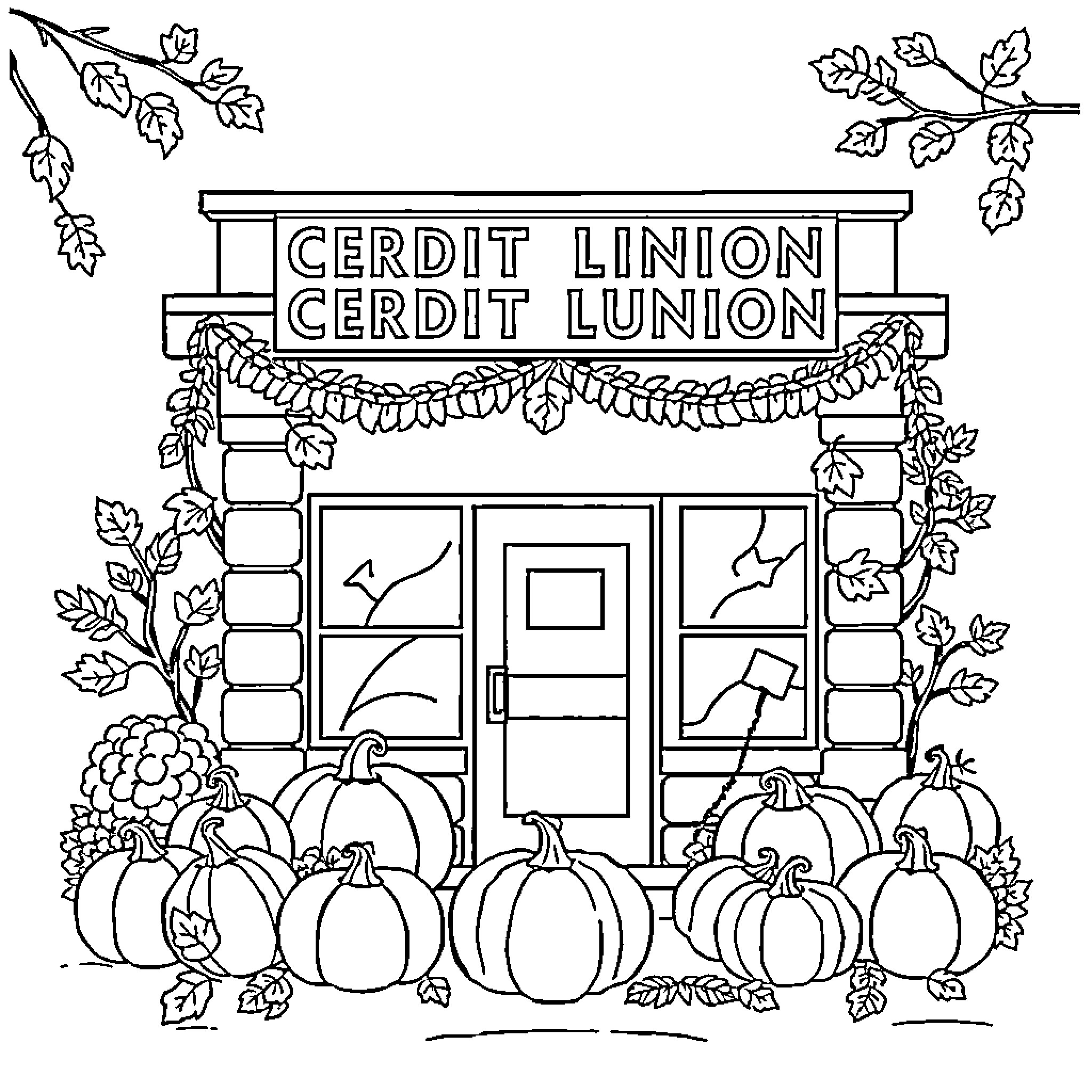 Thanksgiving Celebration at the Credit Union Coloring Page (free black-and-white line drawing printable PDF for all, from beginners to advanced learners, including children, teens, adults, and seniors)