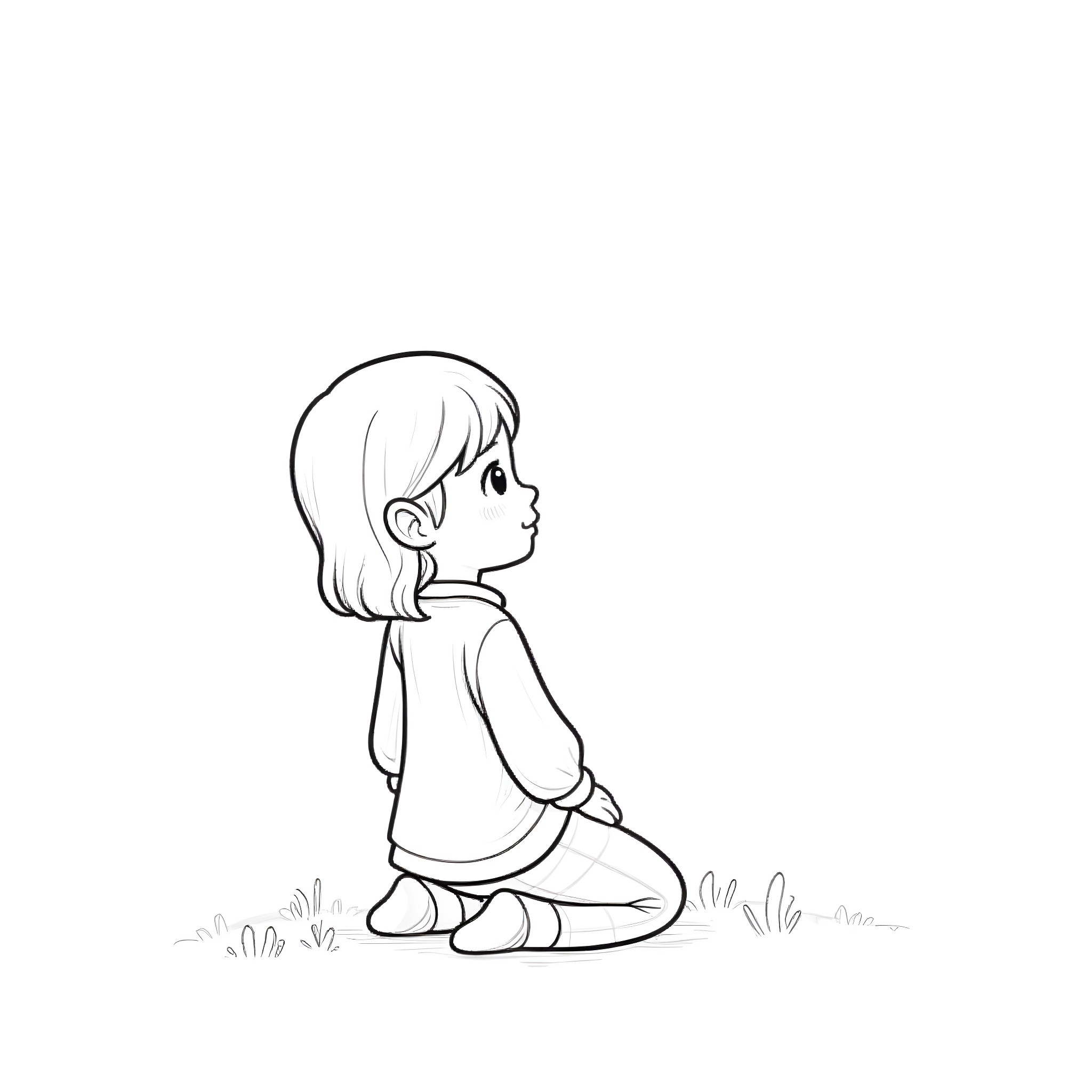 Girl sitting peacefully in nature Coloring Page (free black-and-white line drawing printable PDF for all, from beginners to advanced learners, including children, teens, adults, and seniors)