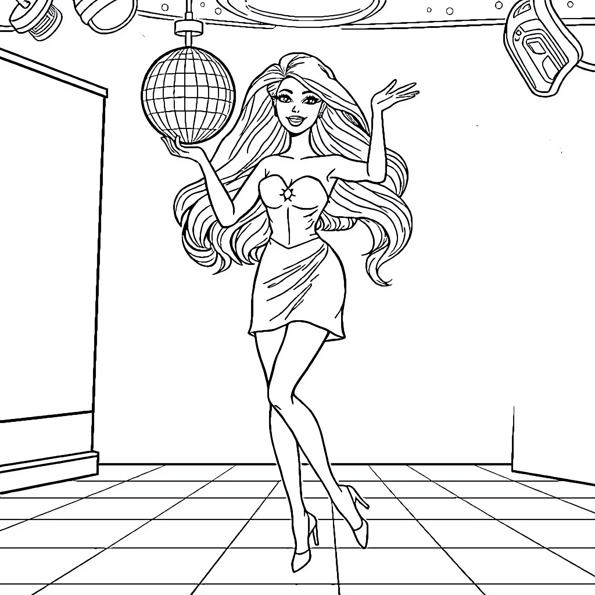 Barbie Dancing Joyfully in Disco Themed Setting Coloring Page (free black-and-white line drawing printable PDF for all, from beginners to advanced learners, including children, teens, adults, and seniors)