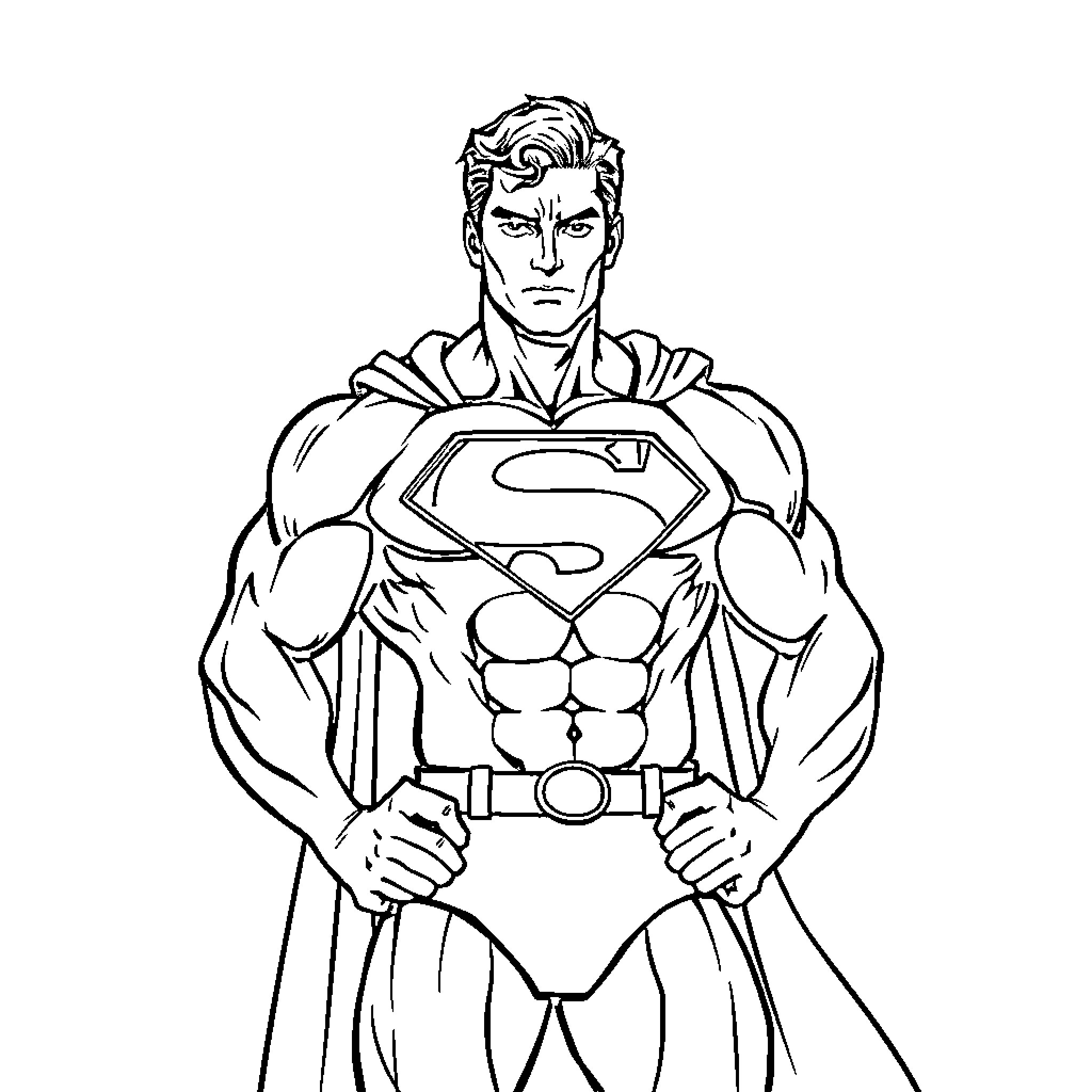 Superman in powerful heroic pose Coloring Page (free black-and-white line drawing printable PDF for all, from beginners to advanced learners, including children, teens, adults, and seniors)