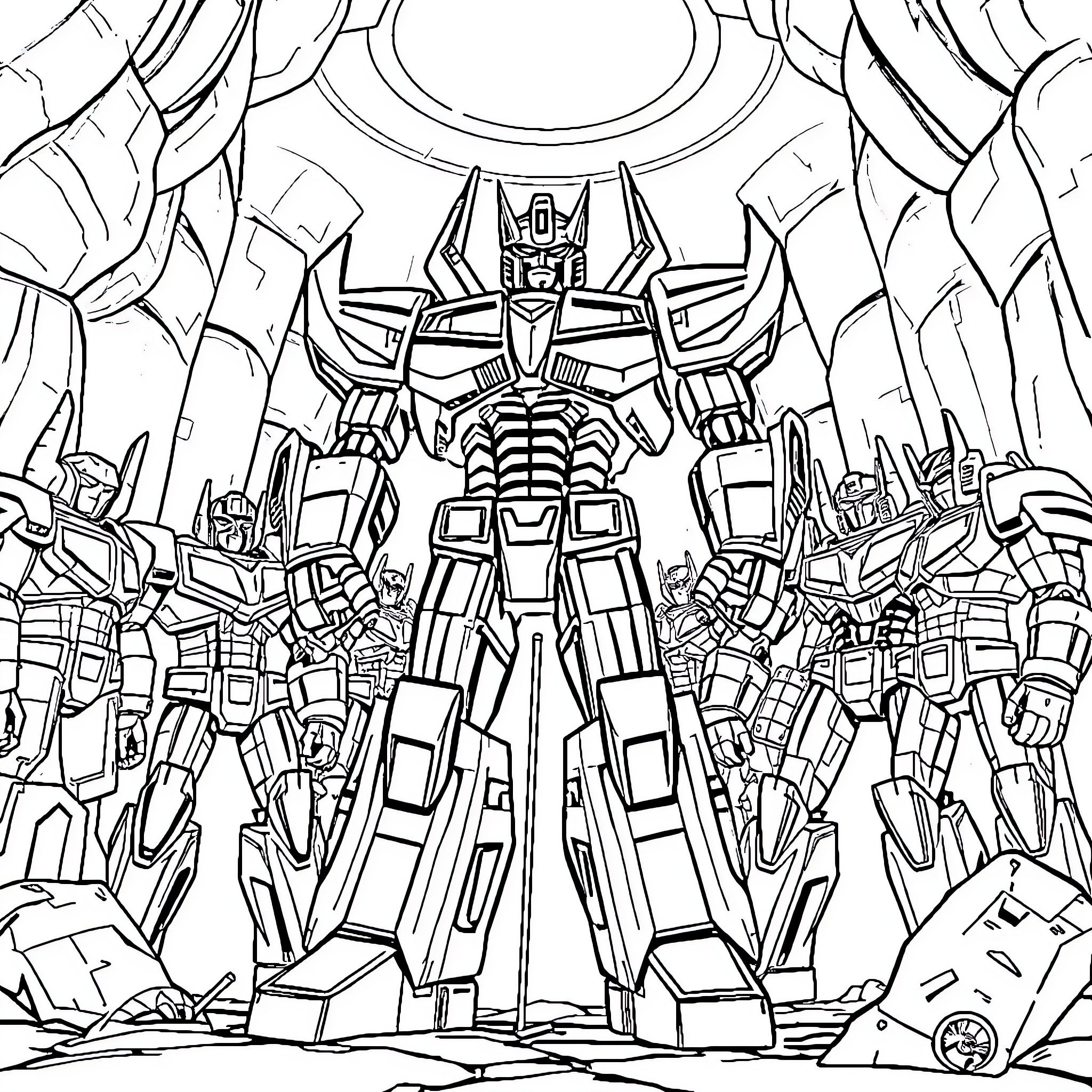 Megatron leading a Transformers army in battle Coloring Page (free black-and-white line drawing printable PDF for all, from beginners to advanced learners, including children, teens, adults, and seniors)
