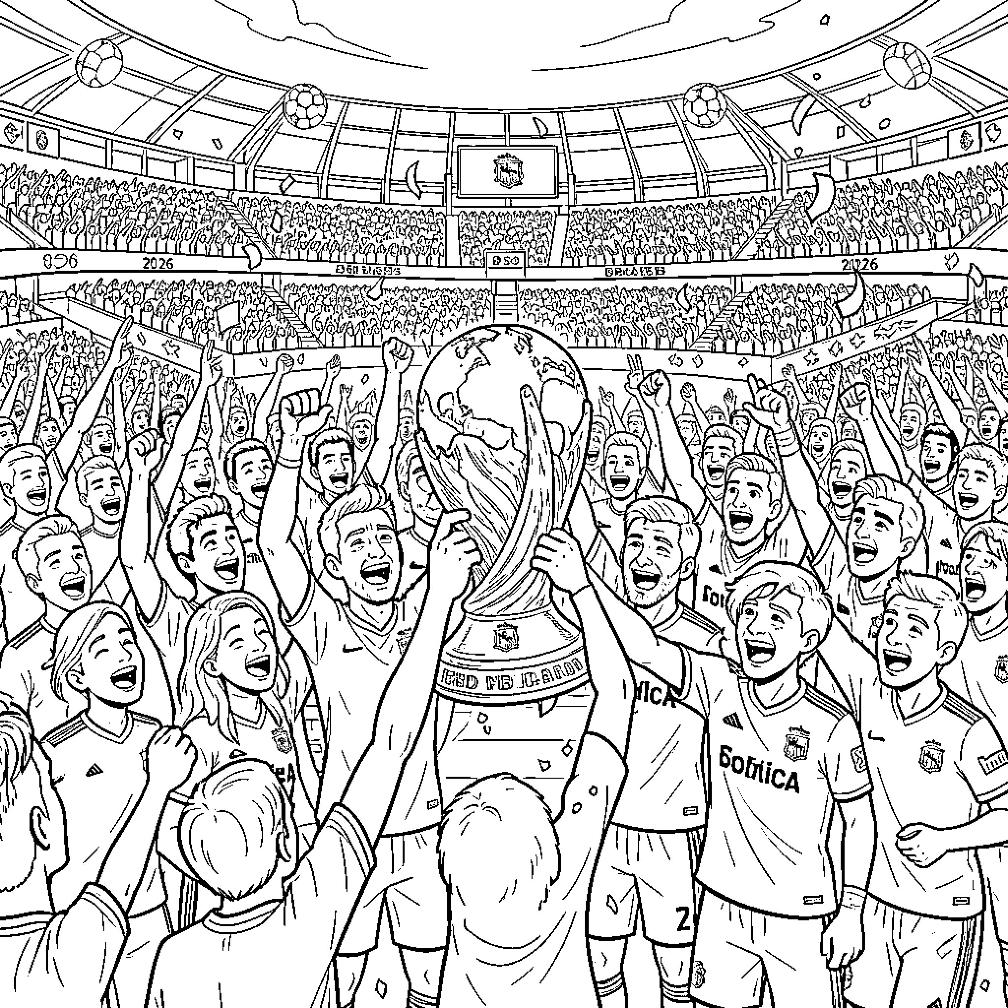 España football players celebrating a major trophy victory Coloring Page (free black-and-white line drawing printable PDF for all, from beginners to advanced learners, including children, teens, adults, and seniors)