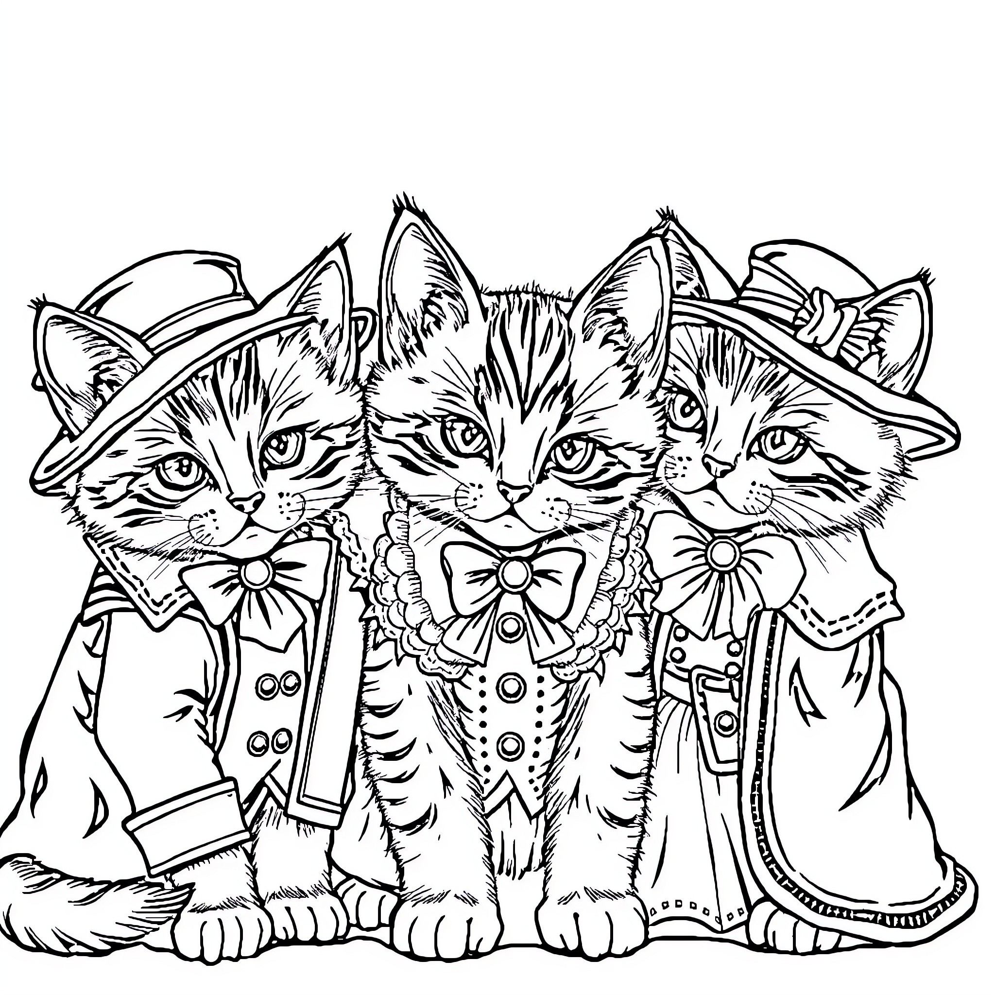 Kittens Dressed in Stylish Outfits Coloring Page (free black-and-white line drawing printable PDF for all, from beginners to advanced learners, including children, teens, adults, and seniors)