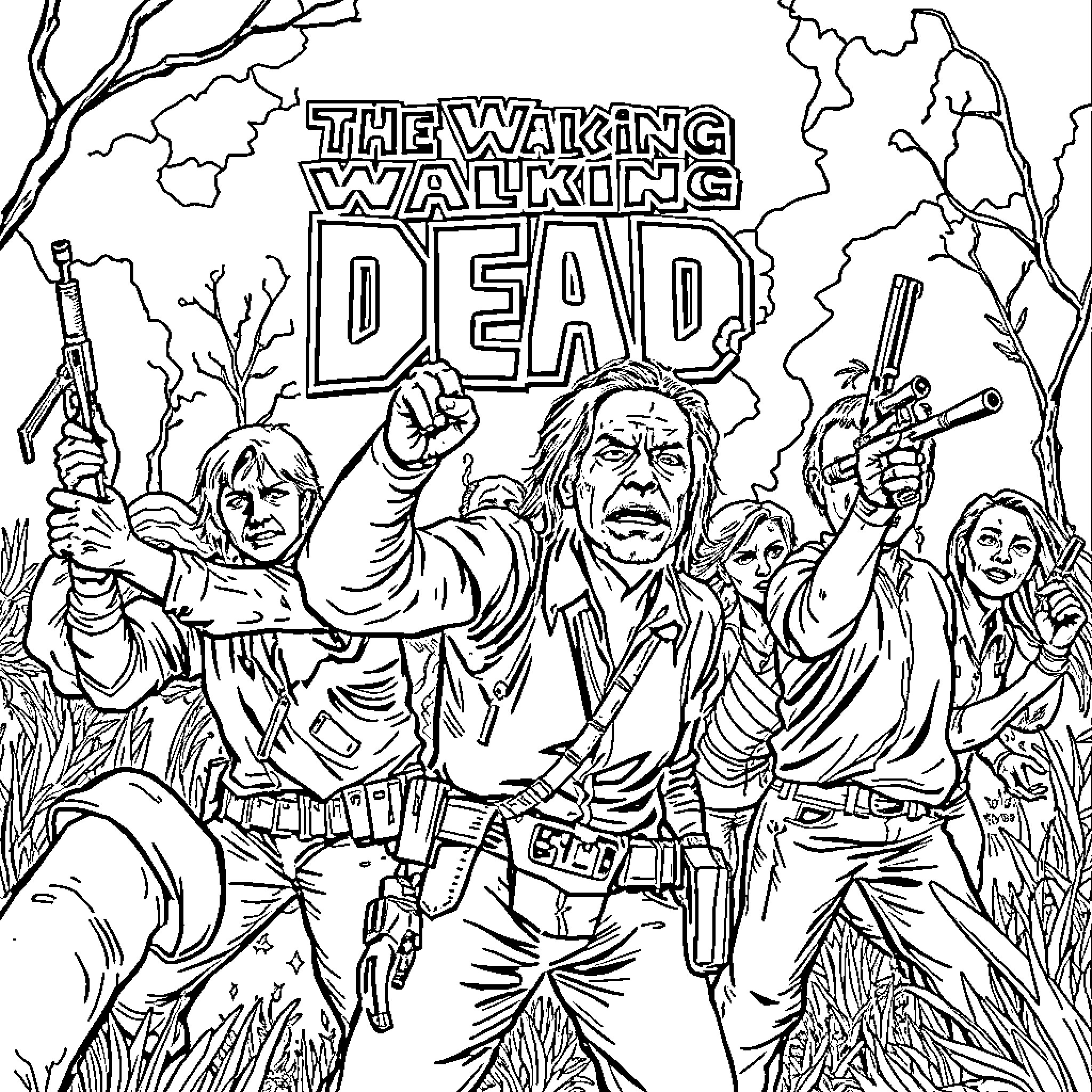 Walking Dead characters in intense battle scene Coloring Page (free black-and-white line drawing printable PDF for all, from beginners to advanced learners, including children, teens, adults, and seniors)