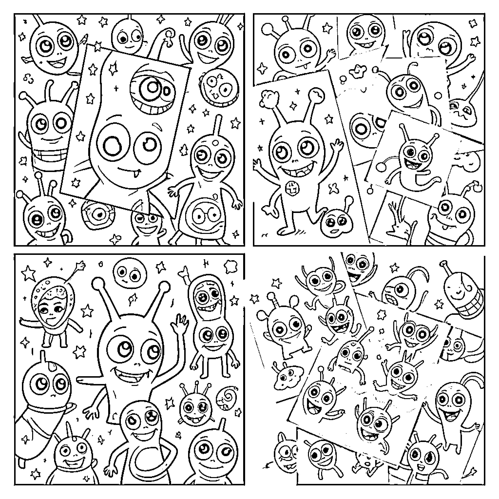 Alien Creatures in Playful Scenes Coloring Page (free black-and-white line drawing printable PDF for all, from beginners to advanced learners, including children, teens, adults, and seniors)