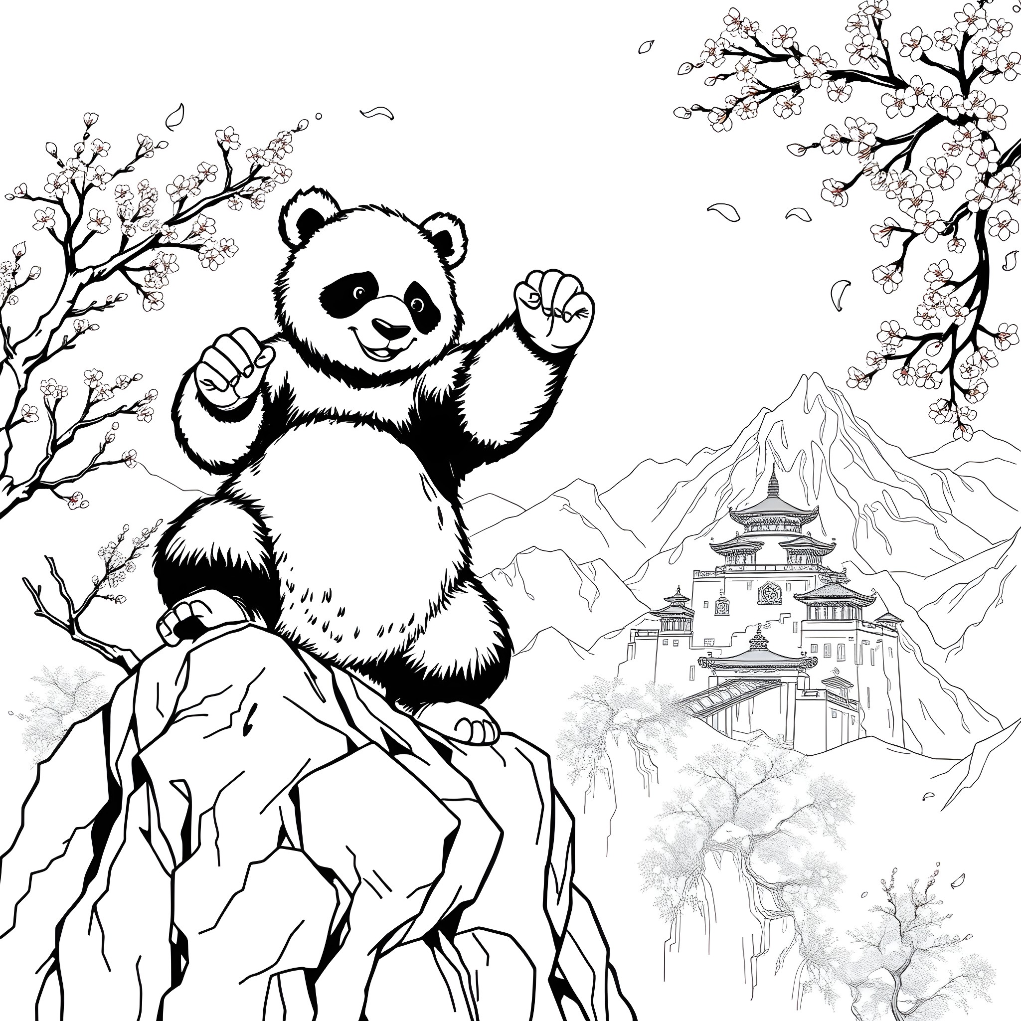 Panda cheerfully frolicking in scenic bamboo forest Coloring Page (free black-and-white line drawing printable PDF for all, from beginners to advanced learners, including children, teens, adults, and seniors)