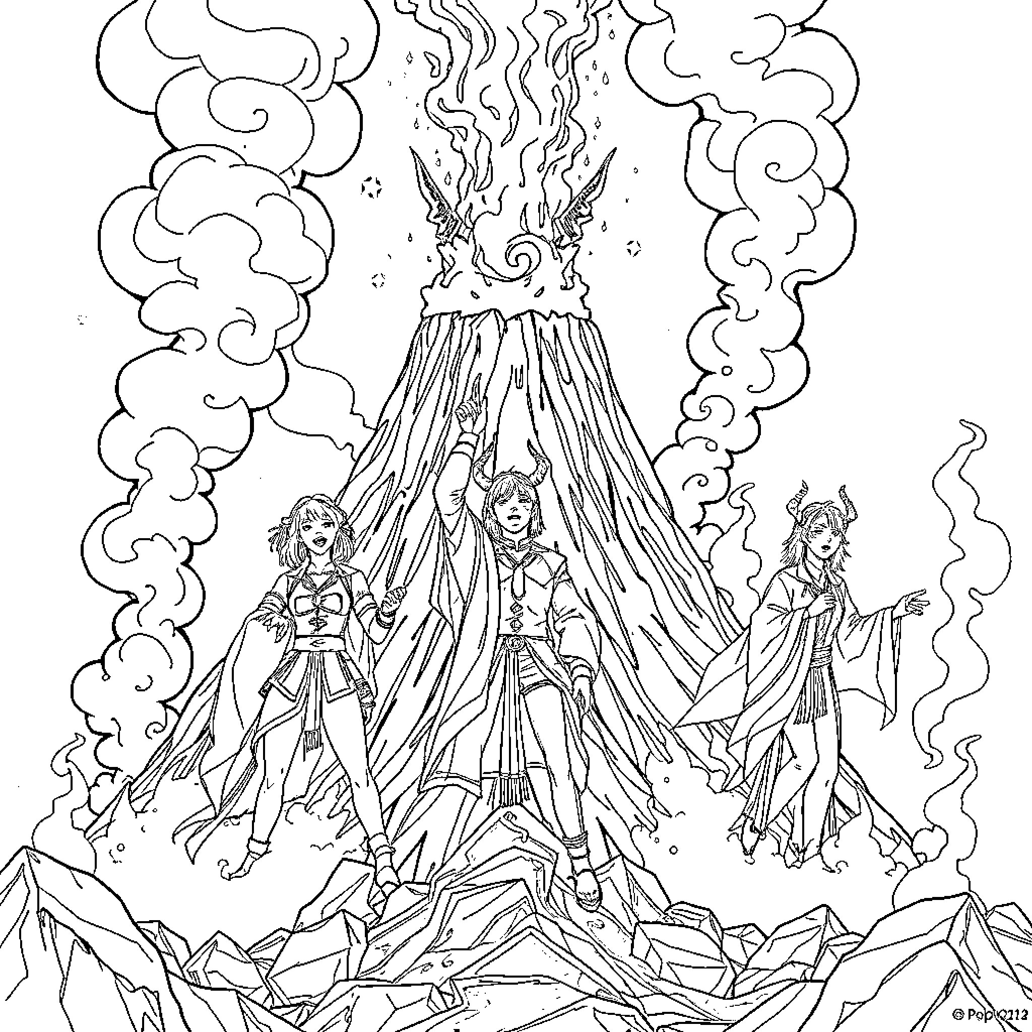 Demon Hunter Warriors Battling Volcanic Eruption Coloring Page (free black-and-white line drawing printable PDF for all, from beginners to advanced learners, including children, teens, adults, and seniors)