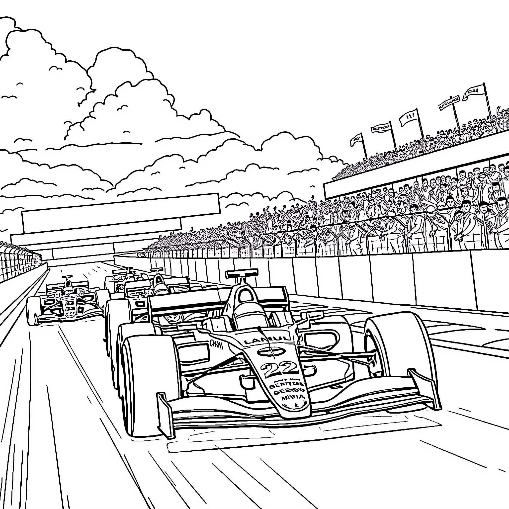 Formula 1 Race Cars Speed Through the Circuit Coloring Page (free black-and-white line drawing printable PDF for all, from beginners to advanced learners, including children, teens, adults, and seniors)