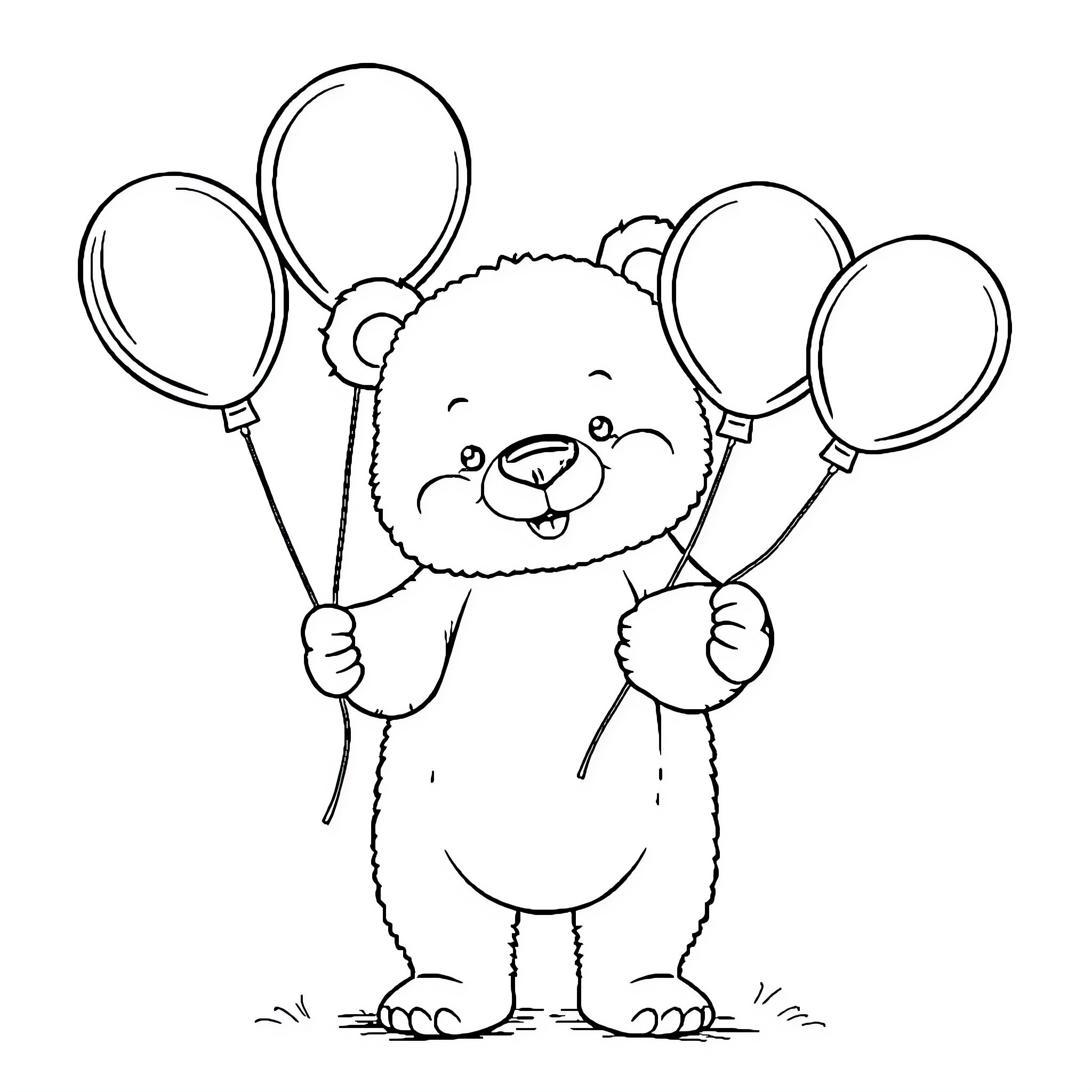 Bear holding colorful balloons happily Coloring Page (free black-and-white line drawing printable PDF for all, from beginners to advanced learners, including children, teens, adults, and seniors)