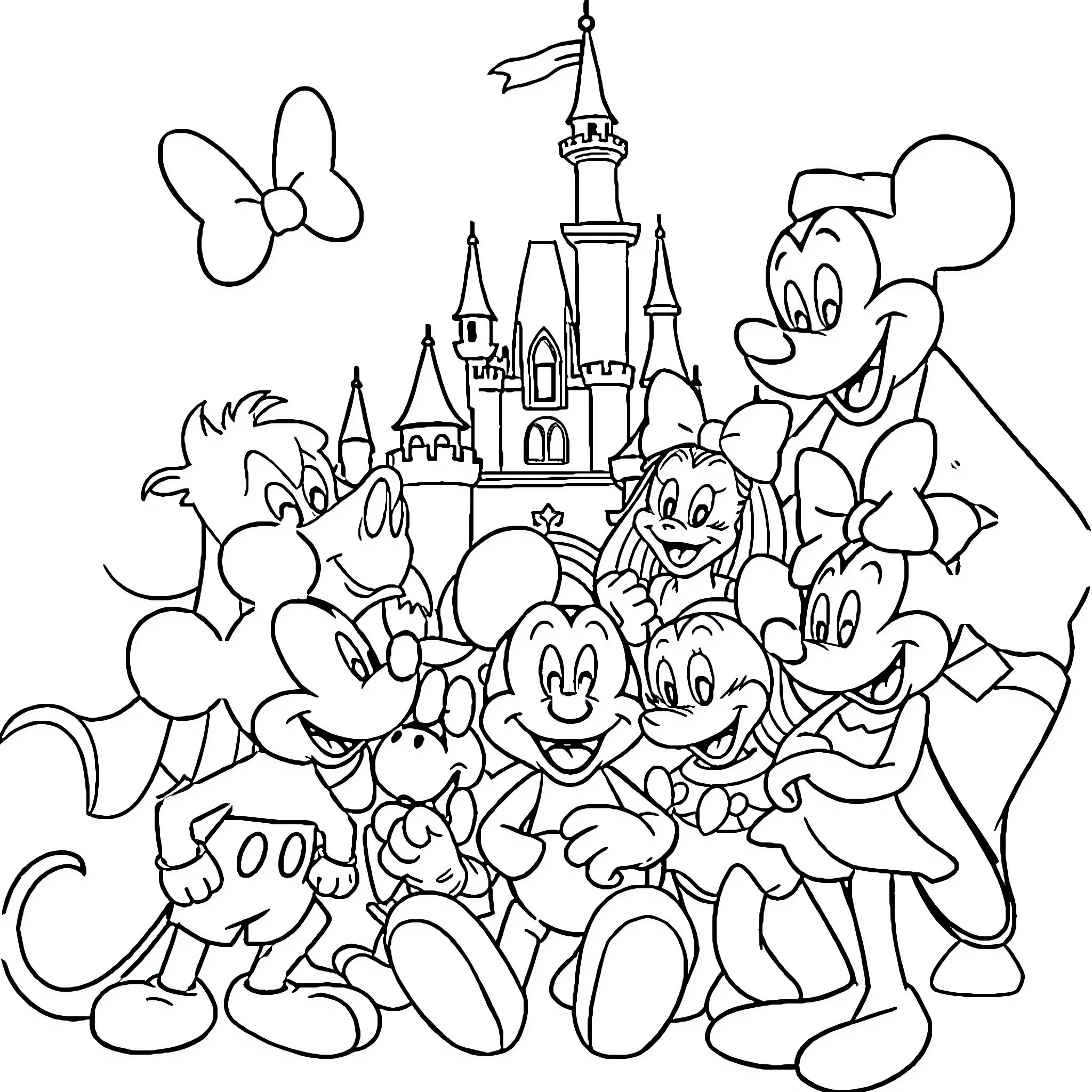 Disney Characters Gathered at the Castle Coloring Page (free black-and-white line drawing printable PDF for all, from beginners to advanced learners, including children, teens, adults, and seniors)