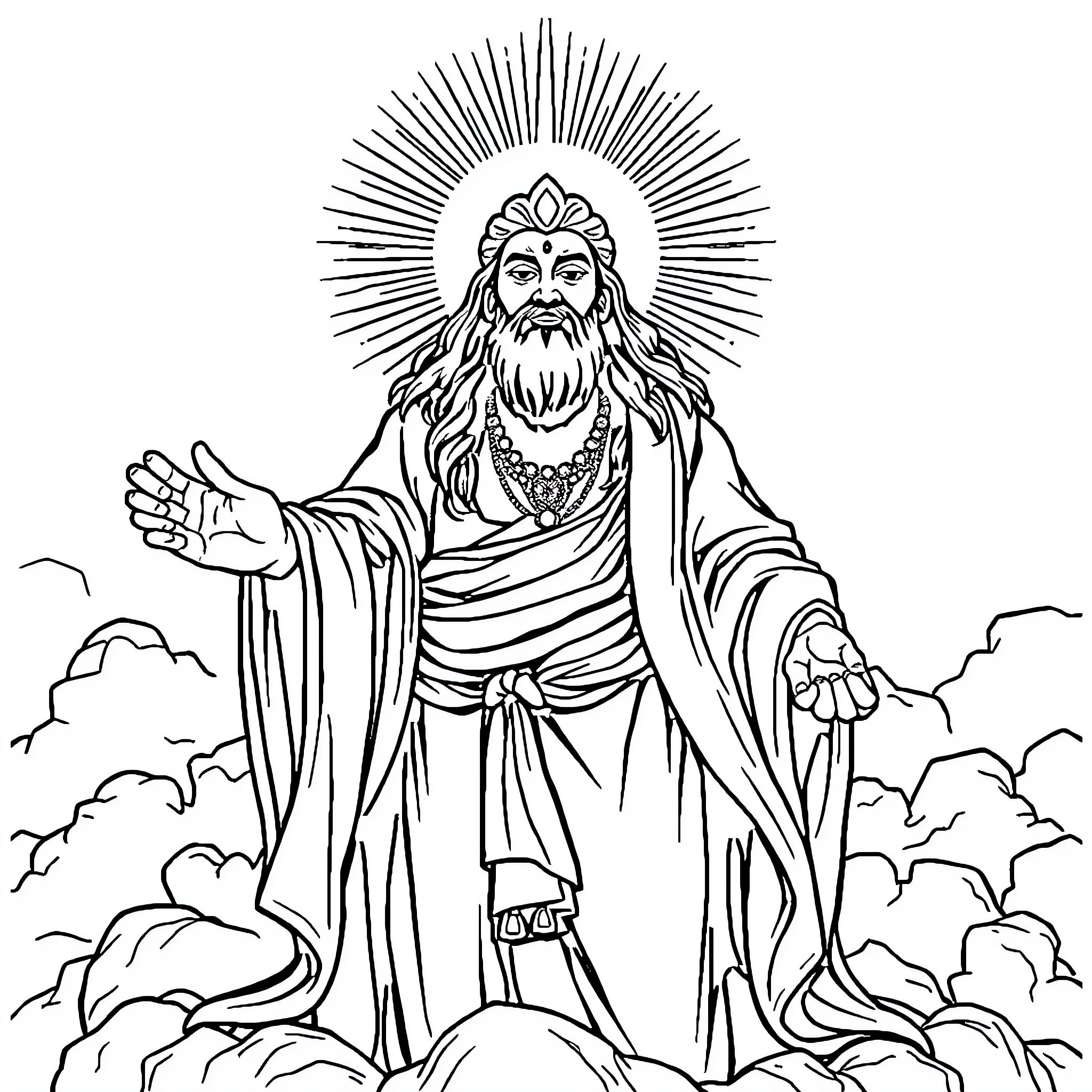 God's Majestic Presence Among the Clouds Coloring Page (free black-and-white line drawing printable PDF for all, from beginners to advanced learners, including children, teens, adults, and seniors)