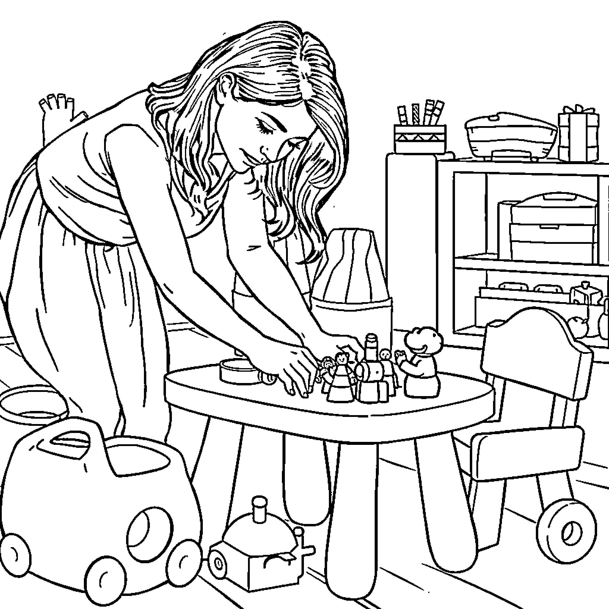 Lady arranging toys on her desk at home Coloring Page (free black-and-white line drawing printable PDF for all, from beginners to advanced learners, including children, teens, adults, and seniors)
