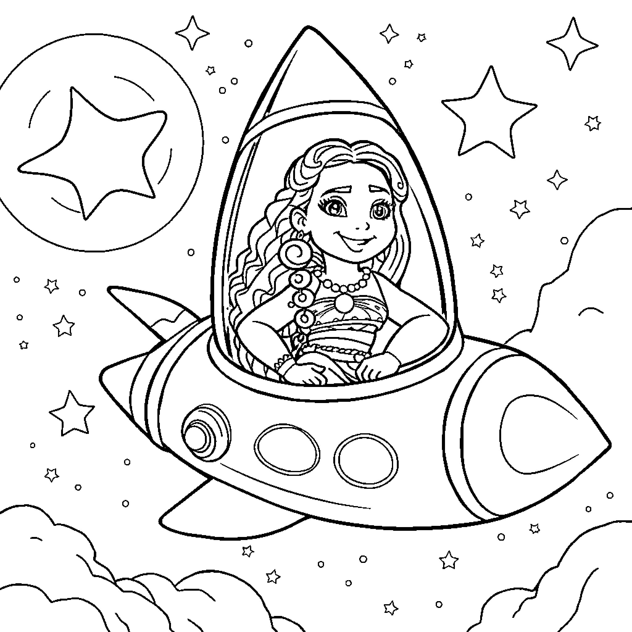 Moana Exploring the Cosmos in a Rocket Ship Coloring Page (free black-and-white line drawing printable PDF for all, from beginners to advanced learners, including children, teens, adults, and seniors)