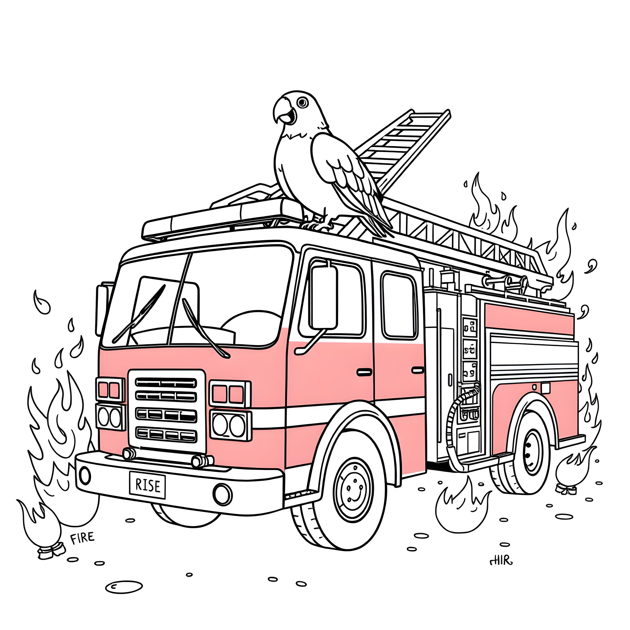 Firetruck rushing to extinguish flames with parrot on board Coloring Page (free black-and-white line drawing printable PDF for all, from beginners to advanced learners, including children, teens, adults, and seniors)