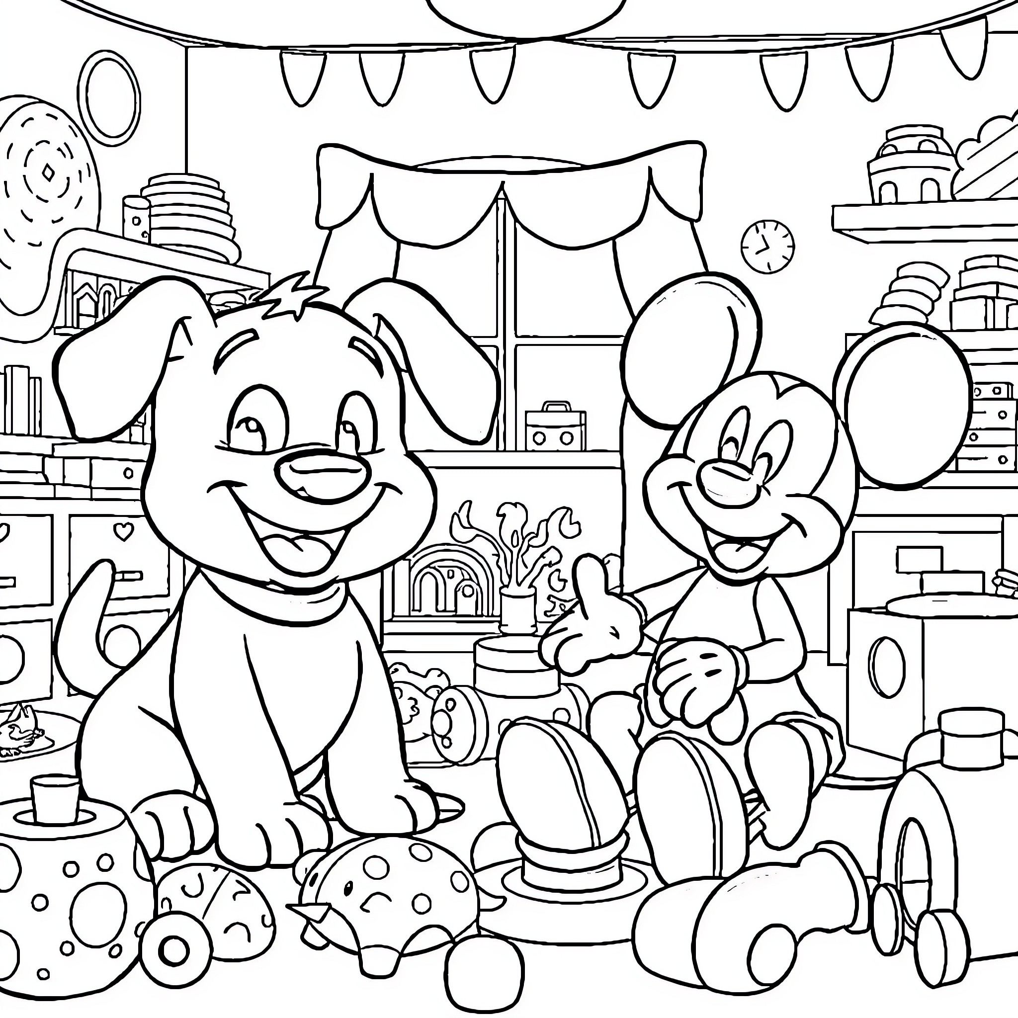 Bluey and Mickey Mouse Enjoying Playtime Together Coloring Page (free black-and-white line drawing printable PDF for all, from beginners to advanced learners, including children, teens, adults, and seniors)