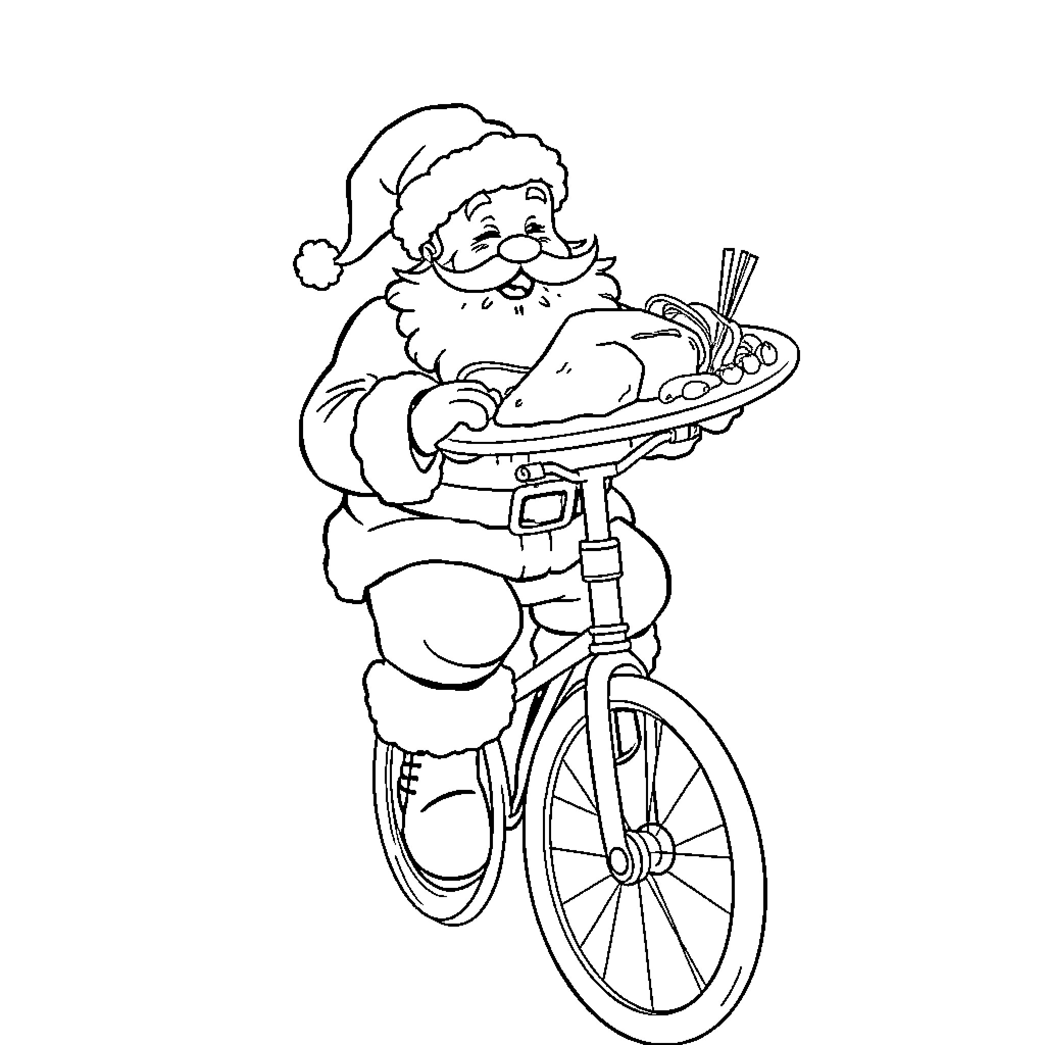 Santa delivering presents on a bicycle Coloring Page (free black-and-white line drawing printable PDF for all, from beginners to advanced learners, including children, teens, adults, and seniors)