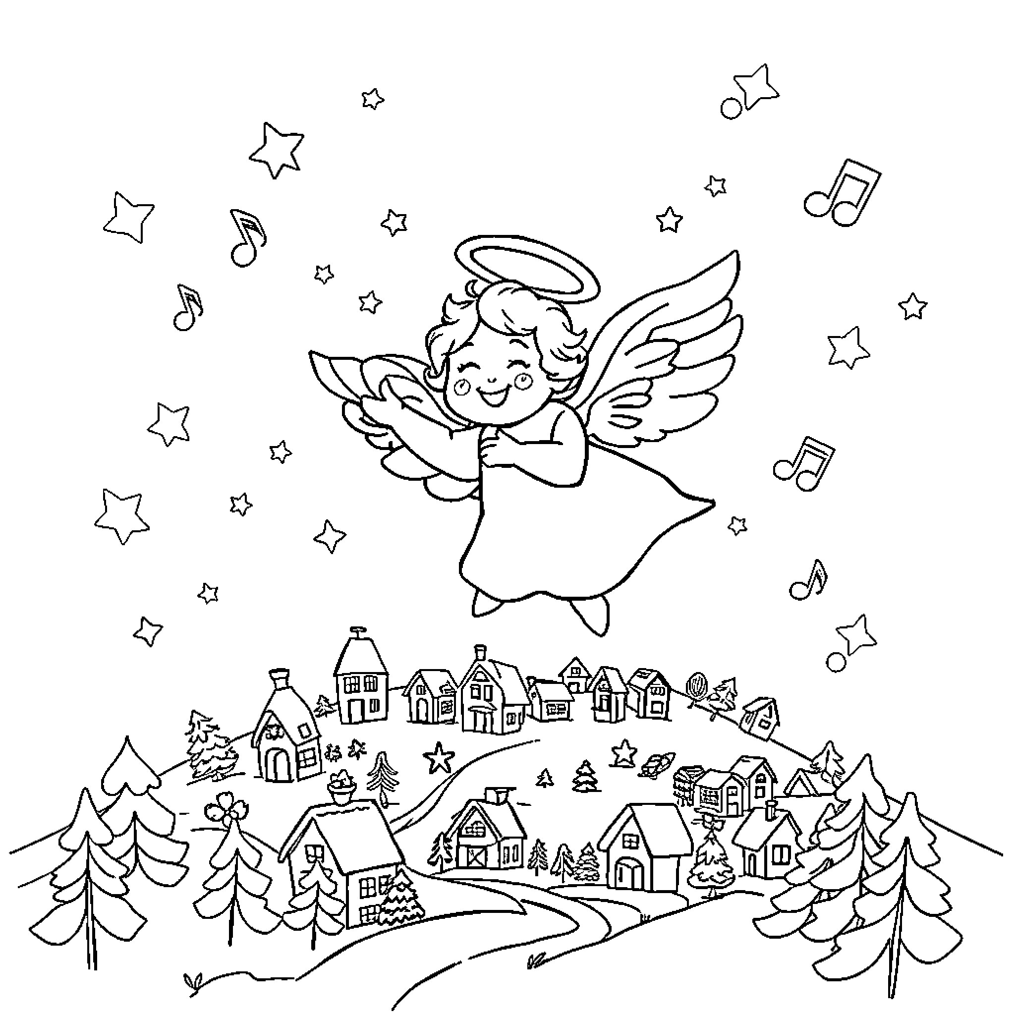 Angel playing music among stars and houses Coloring Page (free black-and-white line drawing printable PDF for all, from beginners to advanced learners, including children, teens, adults, and seniors)