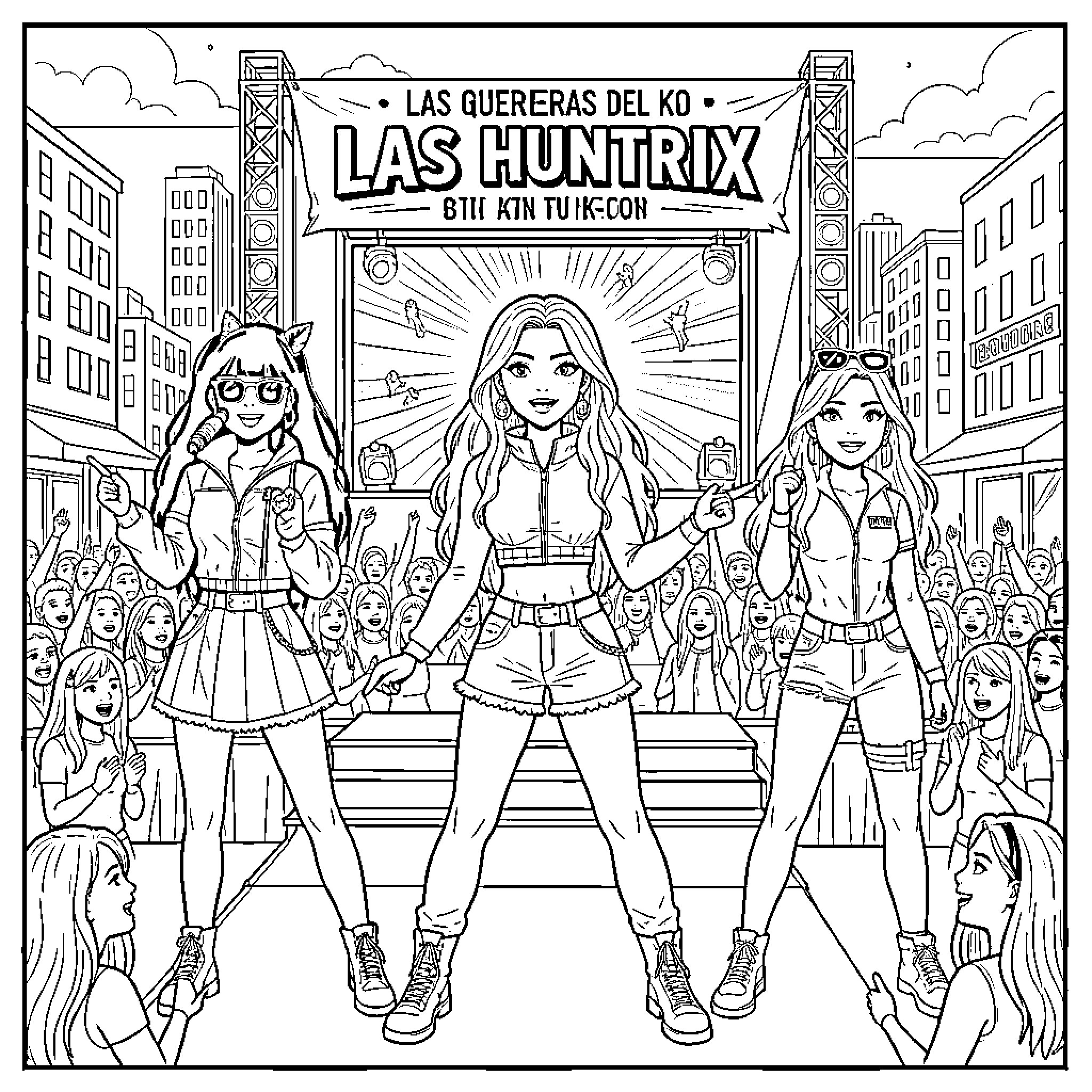 K Pop idols performing on a concert stage Coloring Page (free black-and-white line drawing printable PDF for all, from beginners to advanced learners, including children, teens, adults, and seniors)