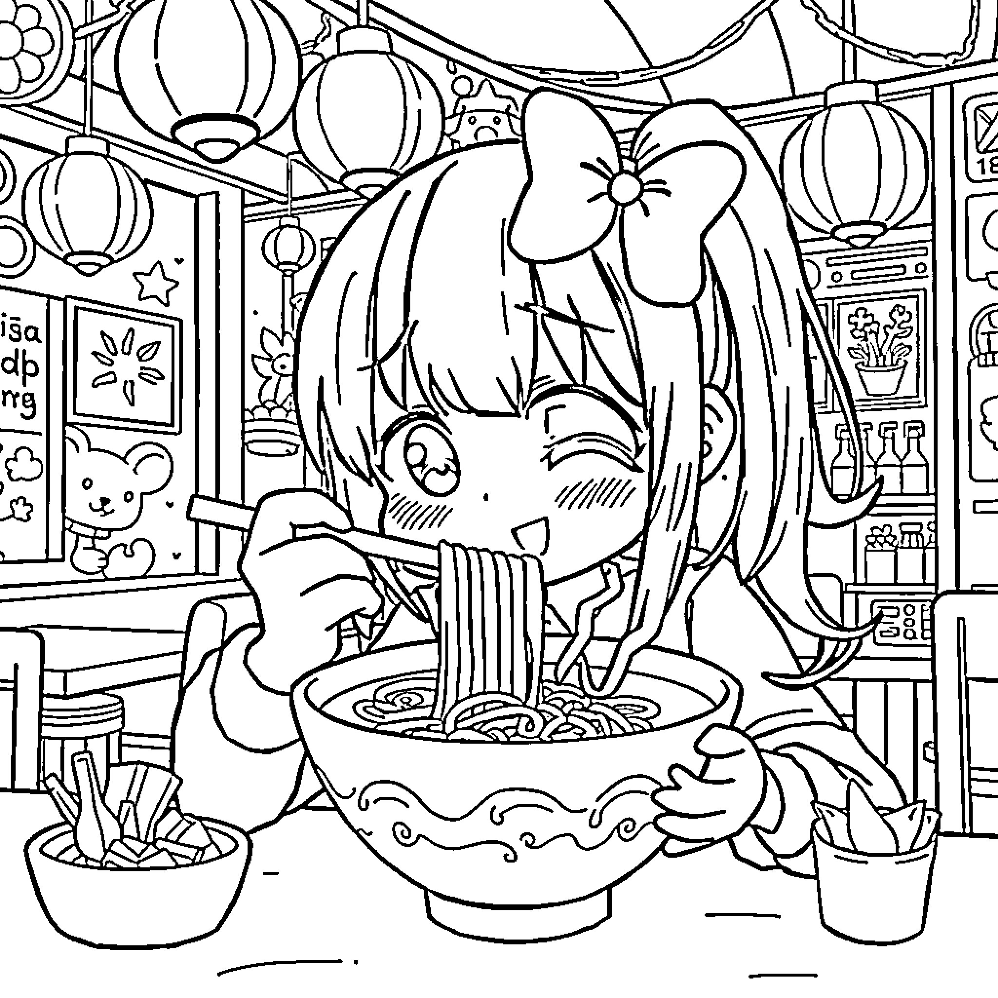 Kuromi Enjoying a Bowl of Noodles in a Cozy Cafe Coloring Page (free black-and-white line drawing printable PDF for all, from beginners to advanced learners, including children, teens, adults, and seniors)