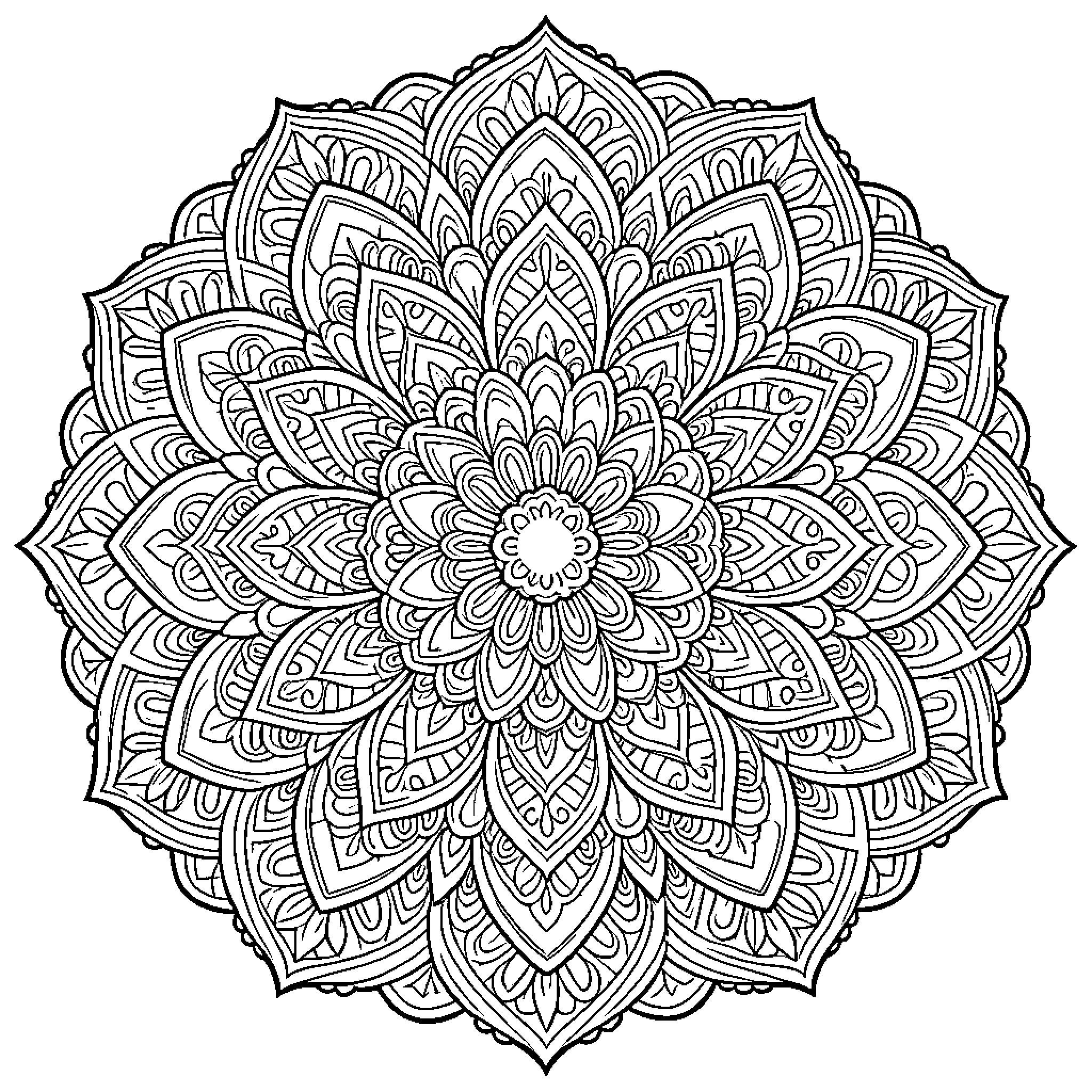 Mandala of intricate floral patterns and symmetry Coloring Page (free black-and-white line drawing printable PDF for all, from beginners to advanced learners, including children, teens, adults, and seniors)